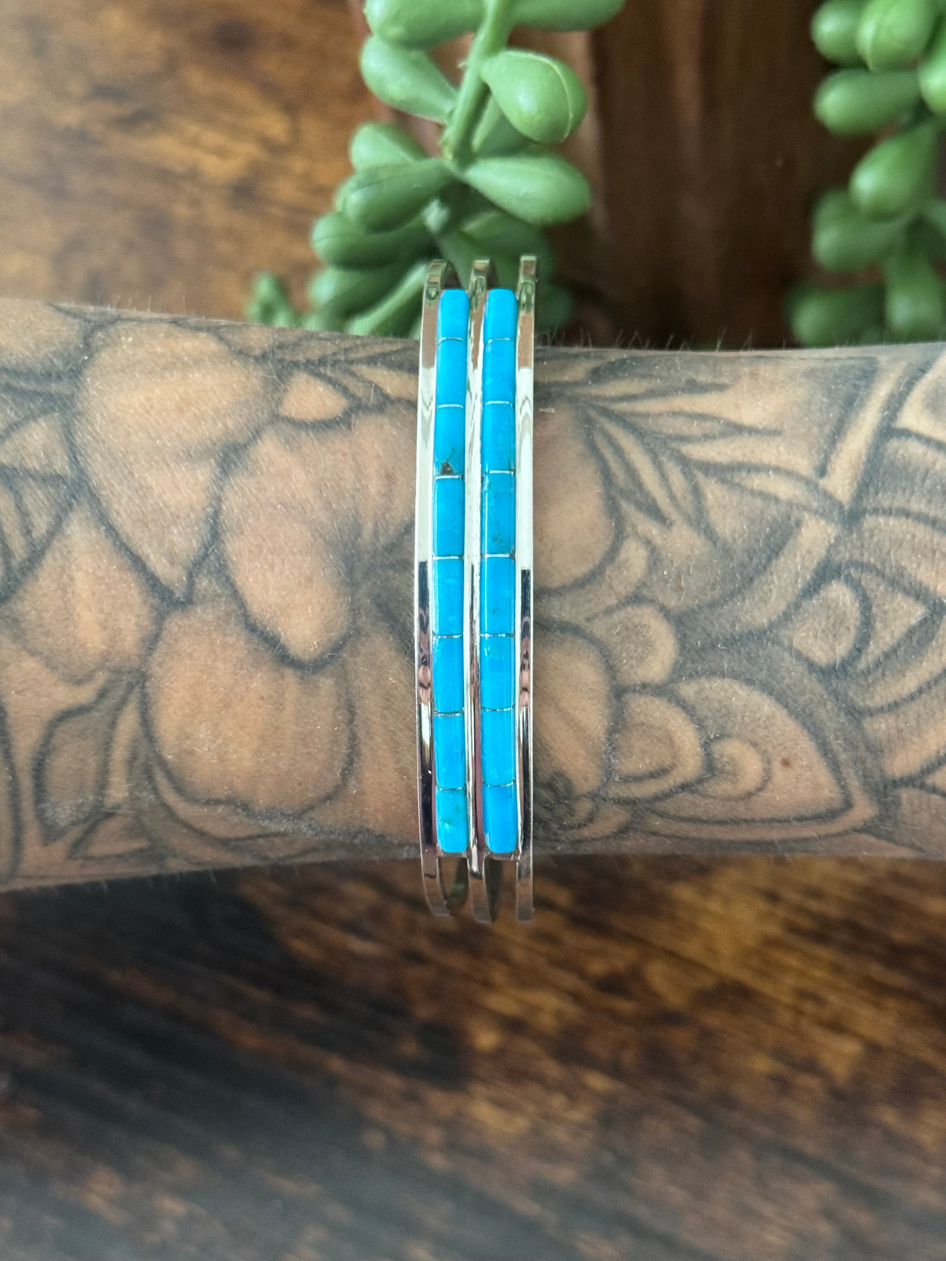 Navajo Made Kingman Turquoise & Sterling Silver Inlay Cuff Bracelet