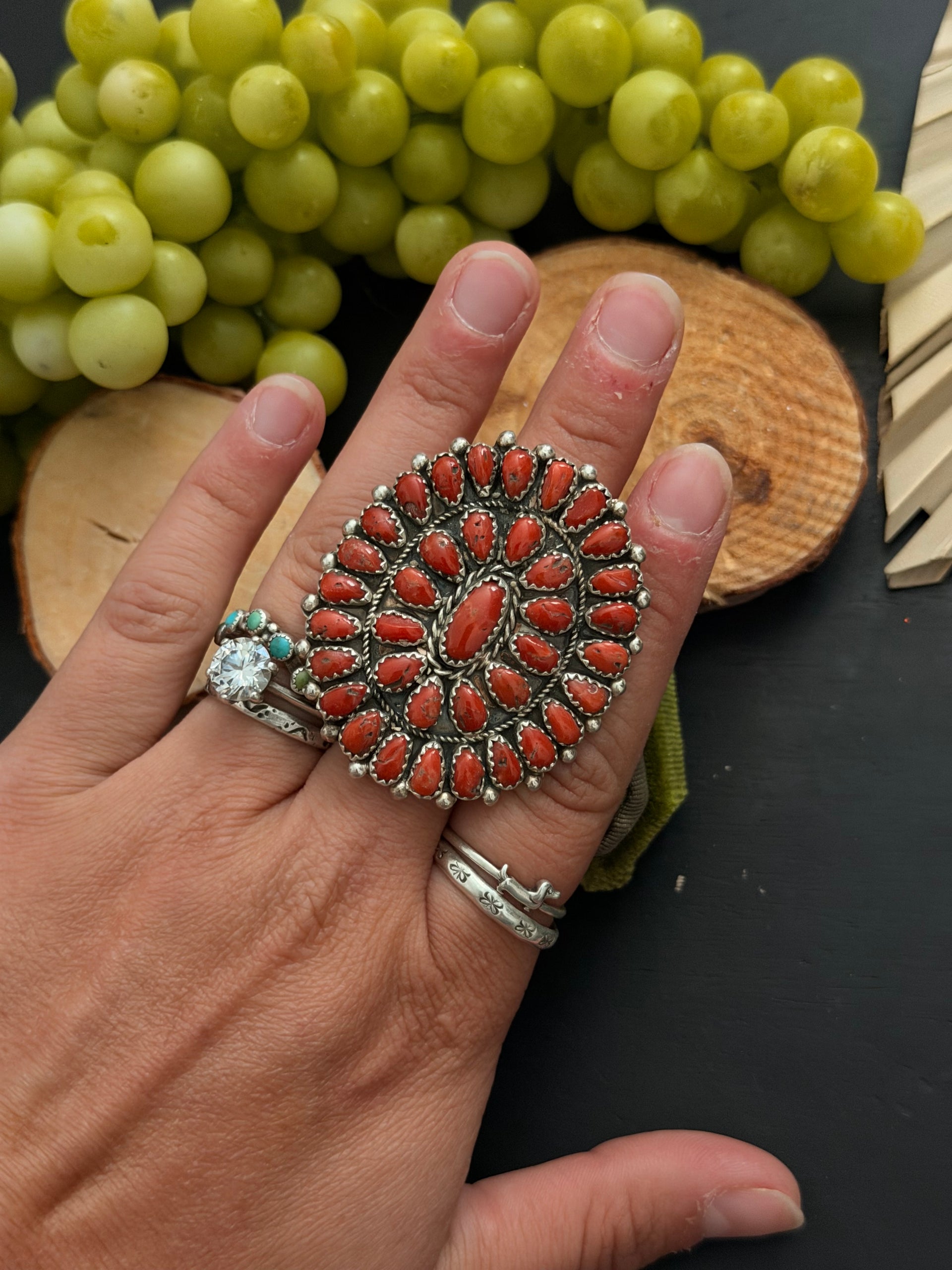 Alicia Wilson Red Coral & Sterling Silver Adjustable Cluster Ring