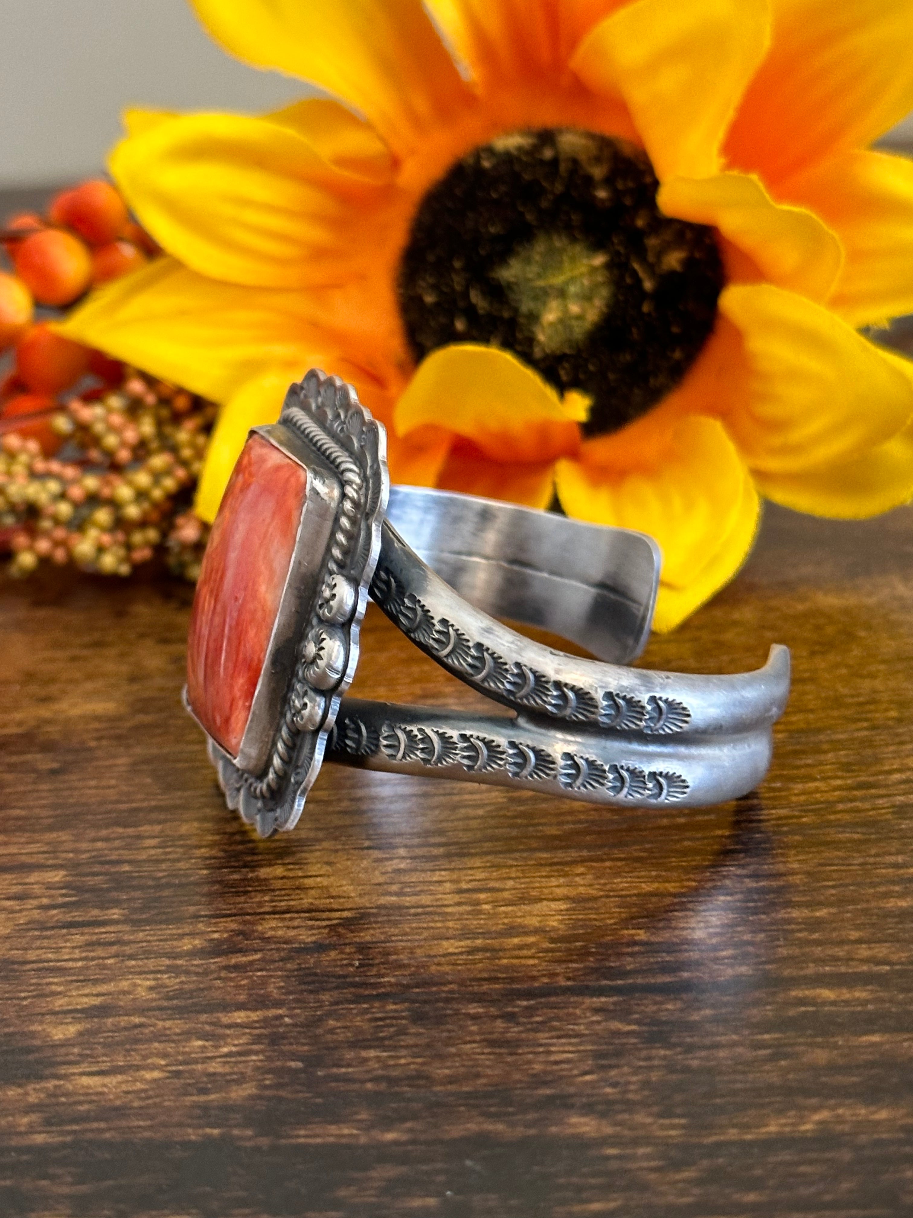Navajo Made Spiny Oyster & Sterling Silver Cuff Bracelet