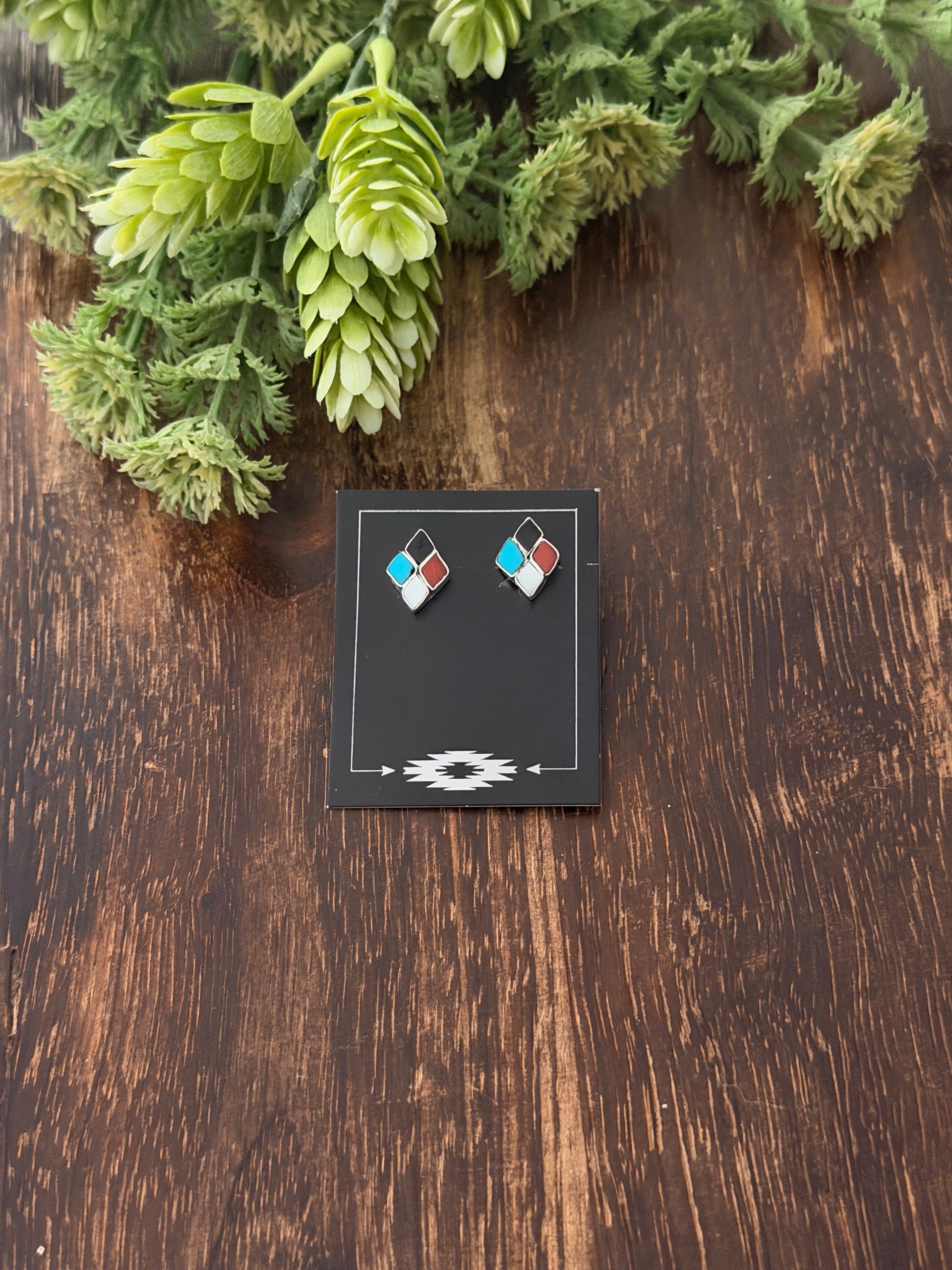 Zuni Made Multi Stone & Sterling Silver Post Inlay Earrings