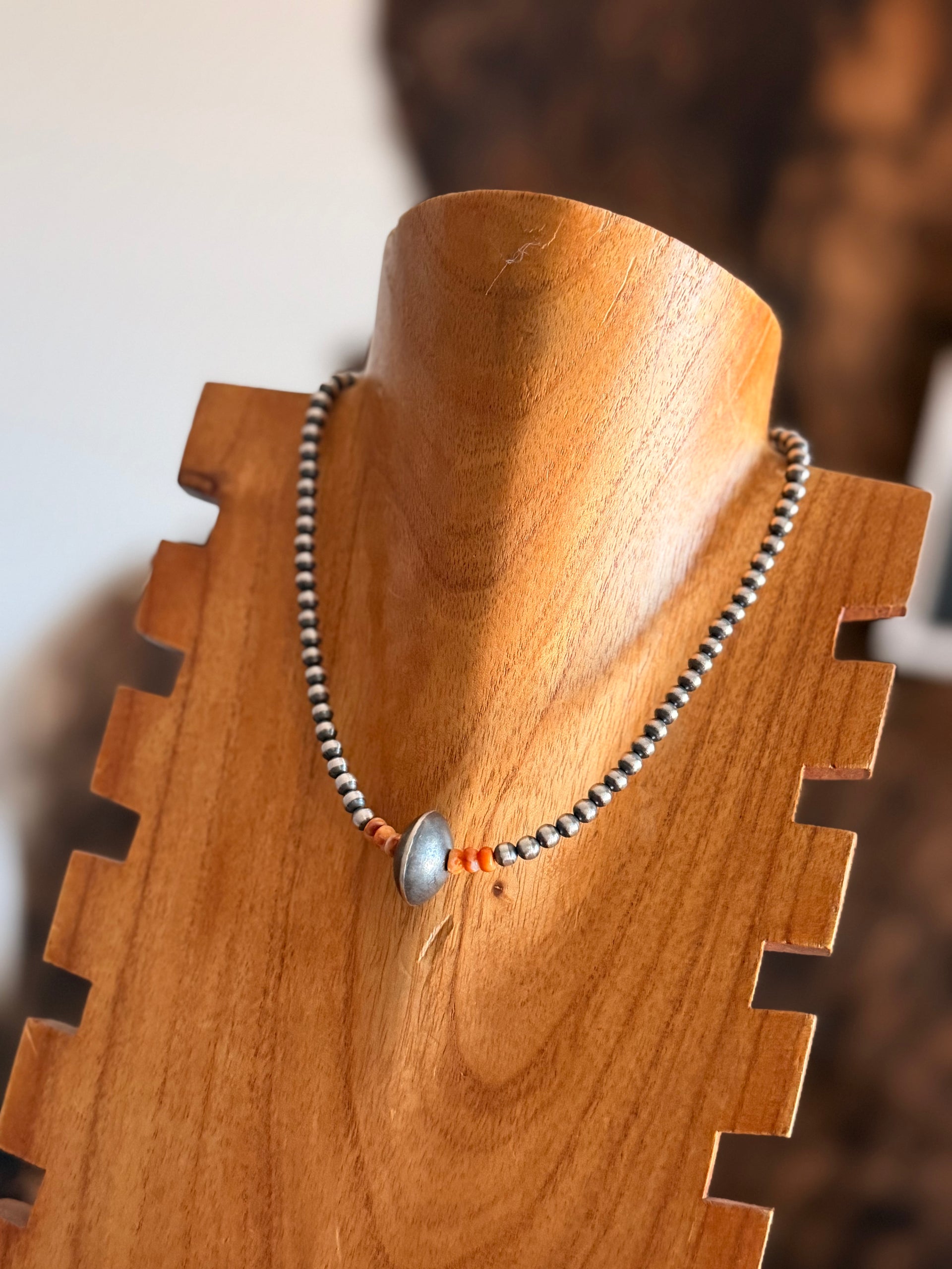 Navajo Strung Spiny Oyster & Sterling Silver Graduated & Saucer Pearl Necklace