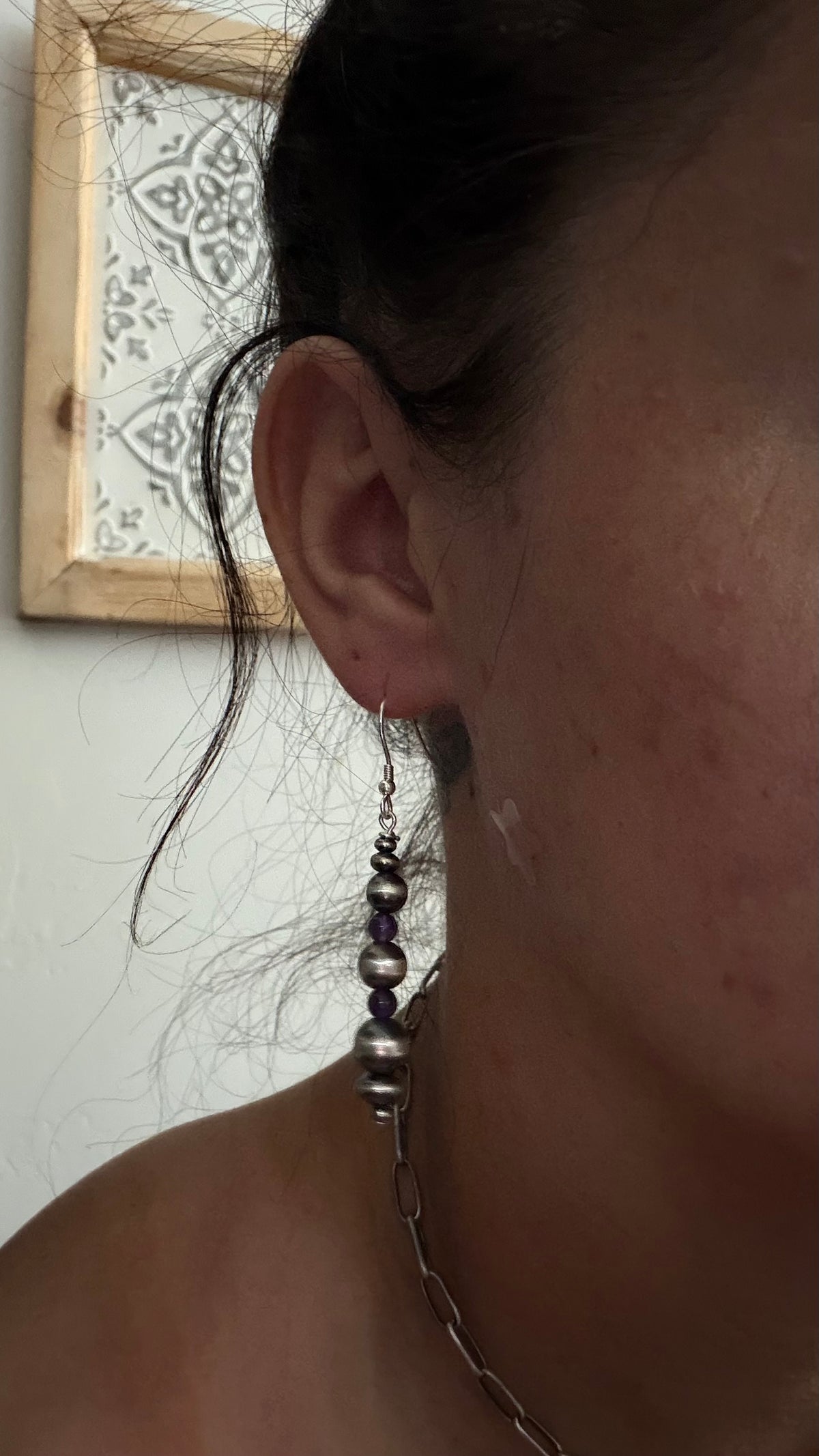 Navajo Made Sterling Silver Machine Made Pearl Dangle Earrings