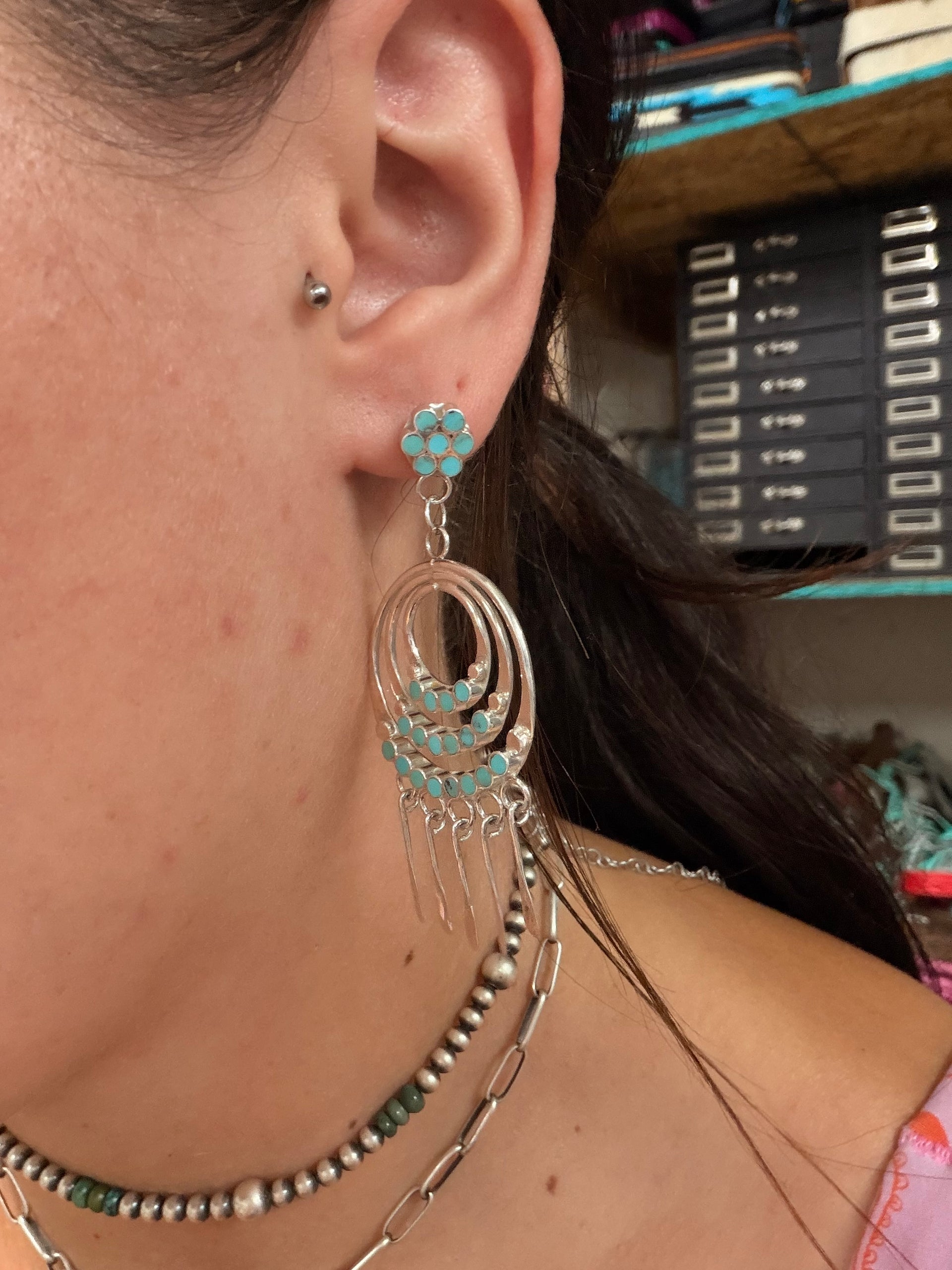 Zuni Made Kingman Turquoise & Sterling Silver Post Dangle Earrings