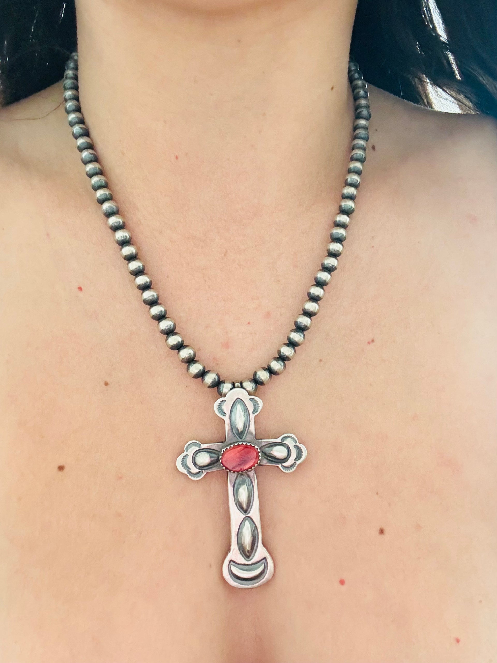 Navajo Made Red Spiny Oyster & Sterling Silver Cross Pendant