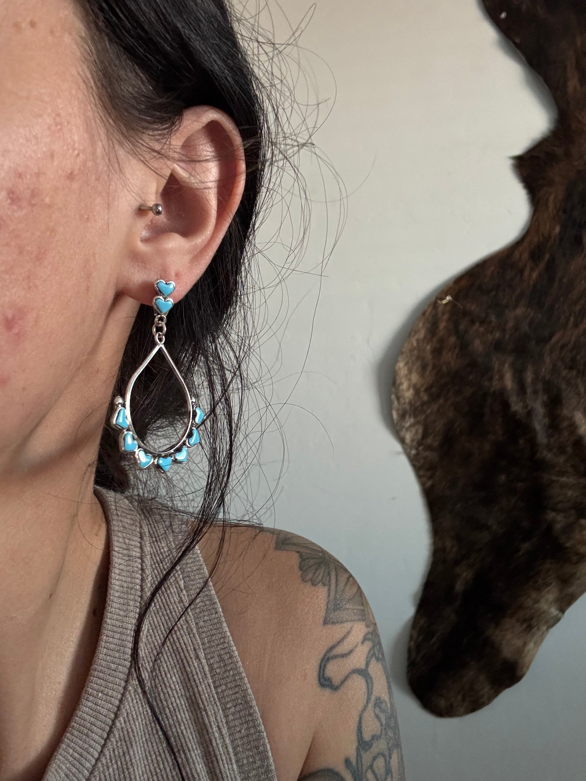 Zuni Made Turquoise & Sterling Silver Post Dangle Earrings