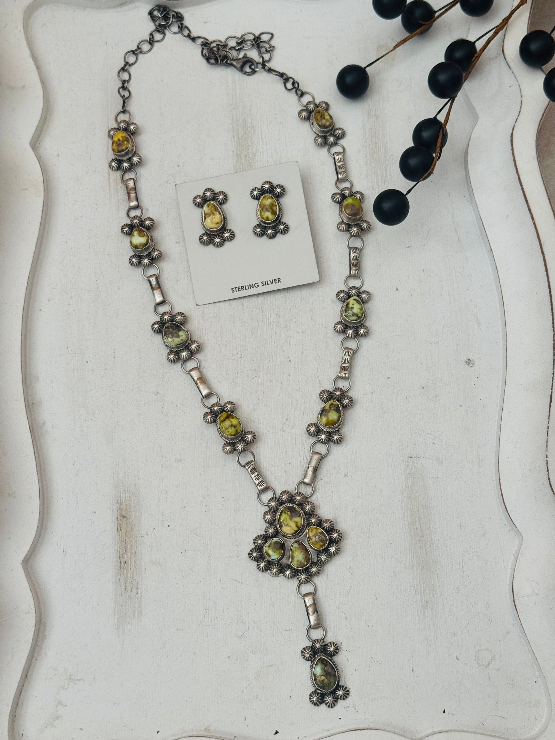 Eli Skeets Palomino Variscite & Sterling Silver Lariat Necklace Set