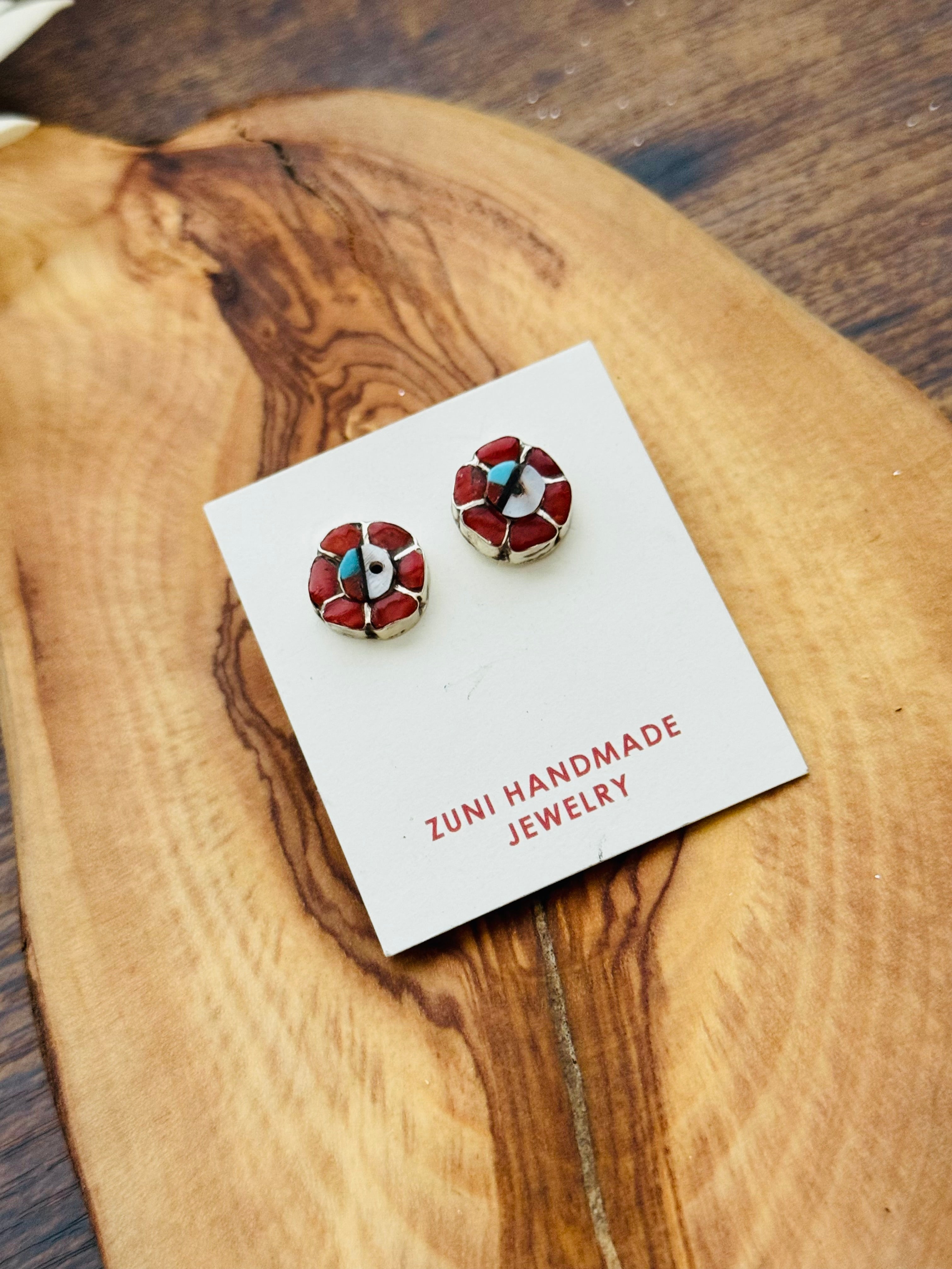 Zuni Made Multi Stone & Sterling Silver Inlay Post Sunface Earrings