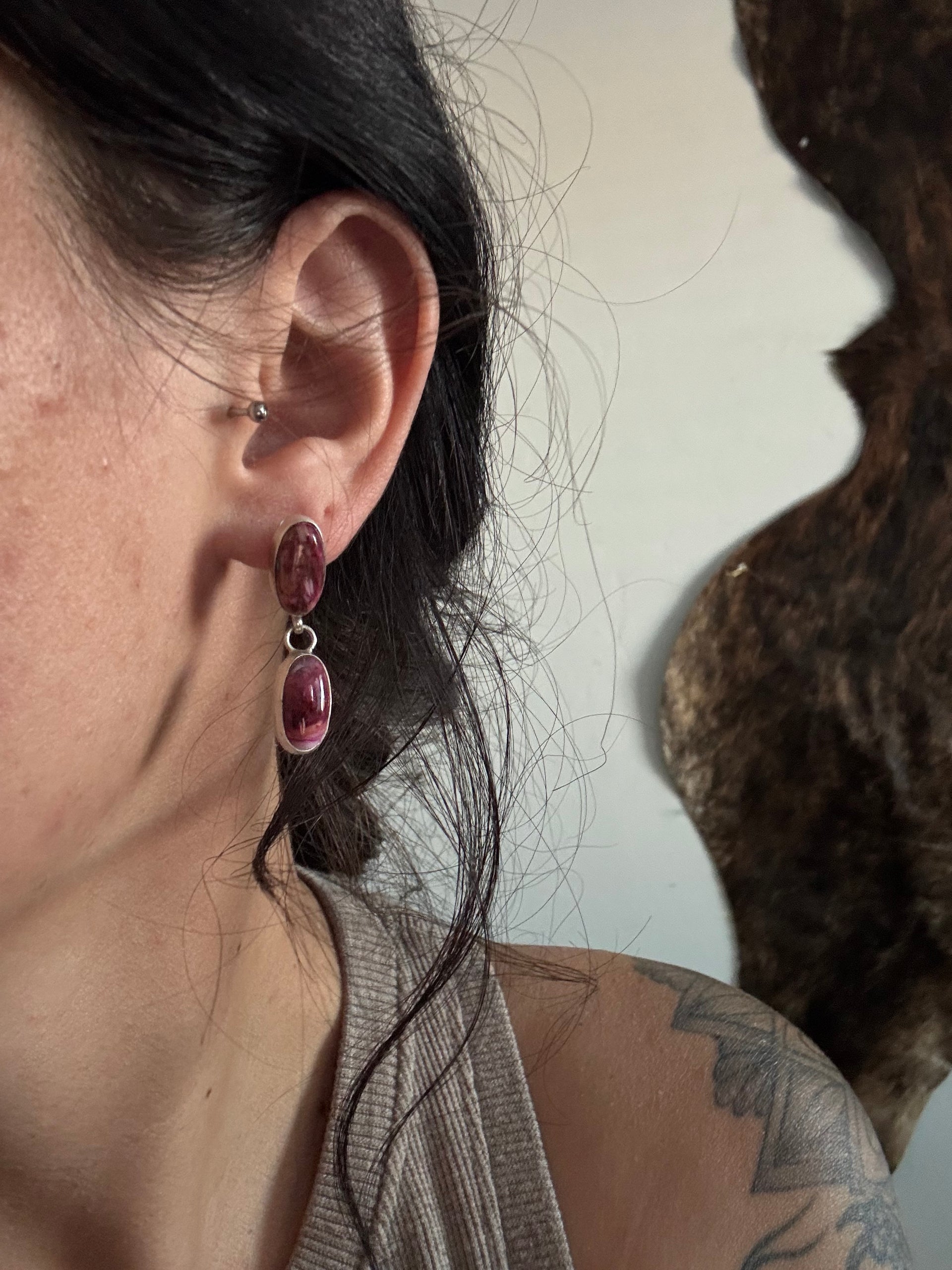 Navajo Made Purple Mohave Turquoise & Sterling Silver Post Dangle Earrings