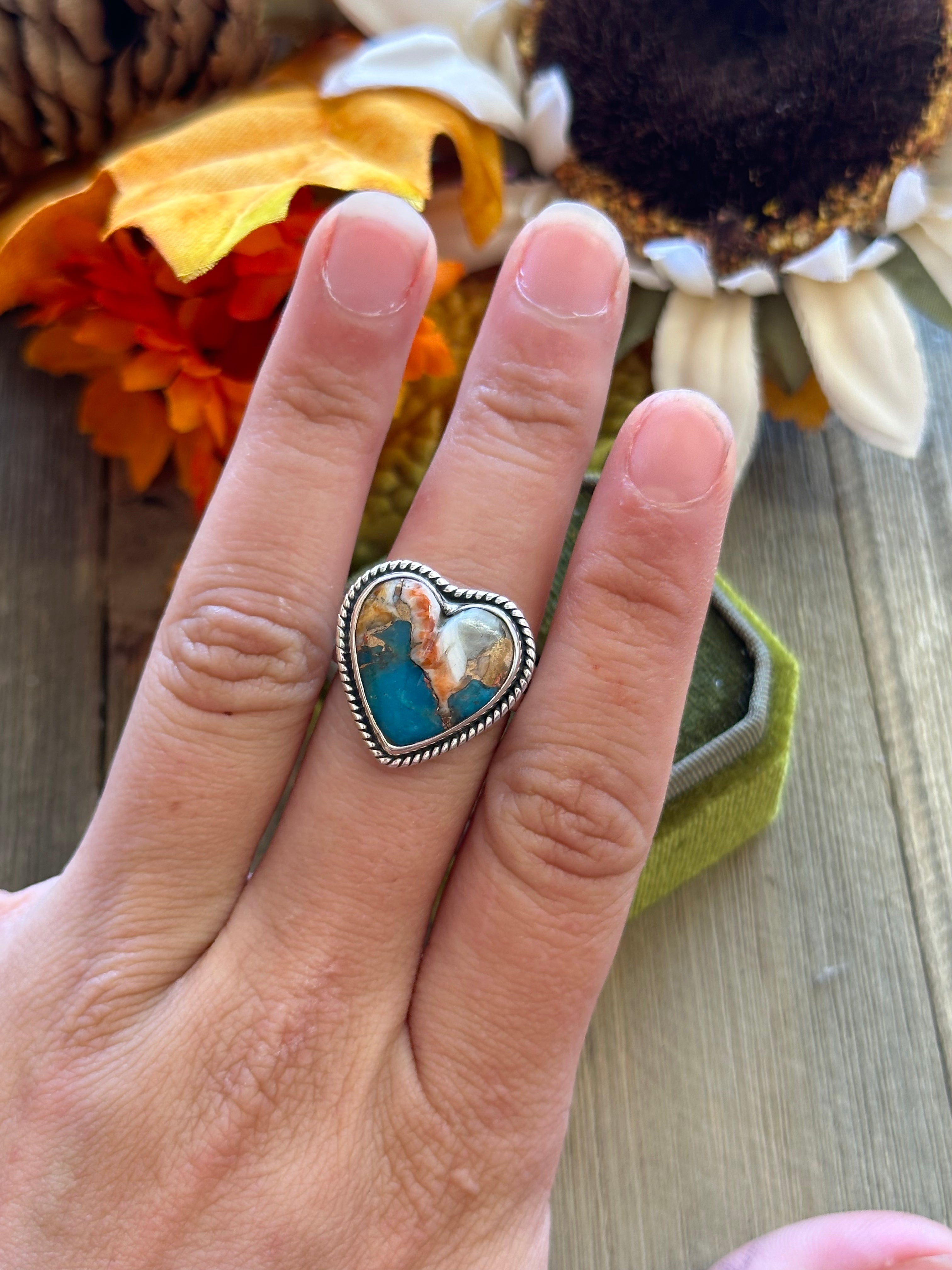 Southwest Handmade Mohave Turquoise & Sterling Silver Adjustable Heart Ring