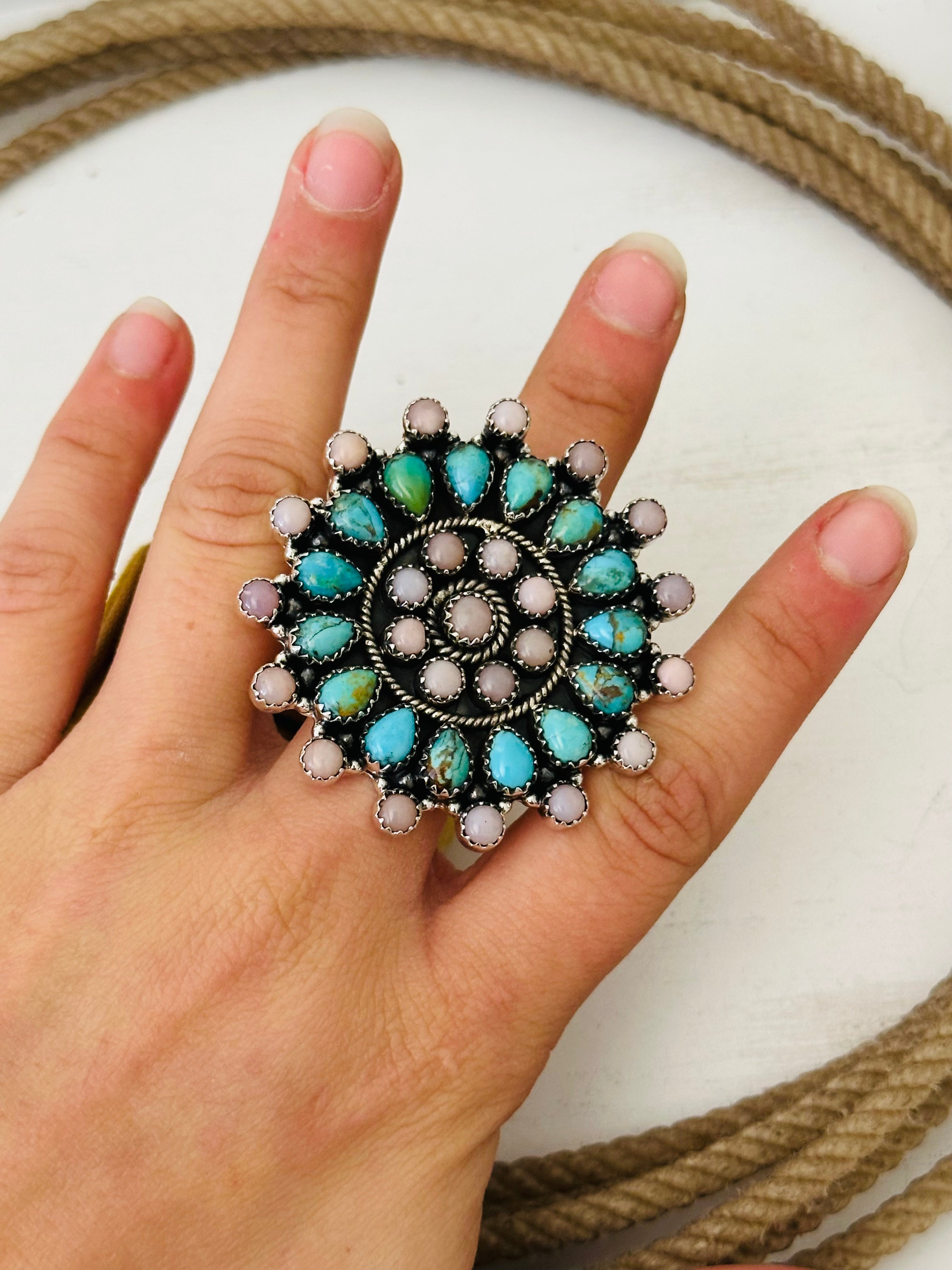 Southwest Handmade Multi Stone & Sterling Silver Adjustable Cluster Ring