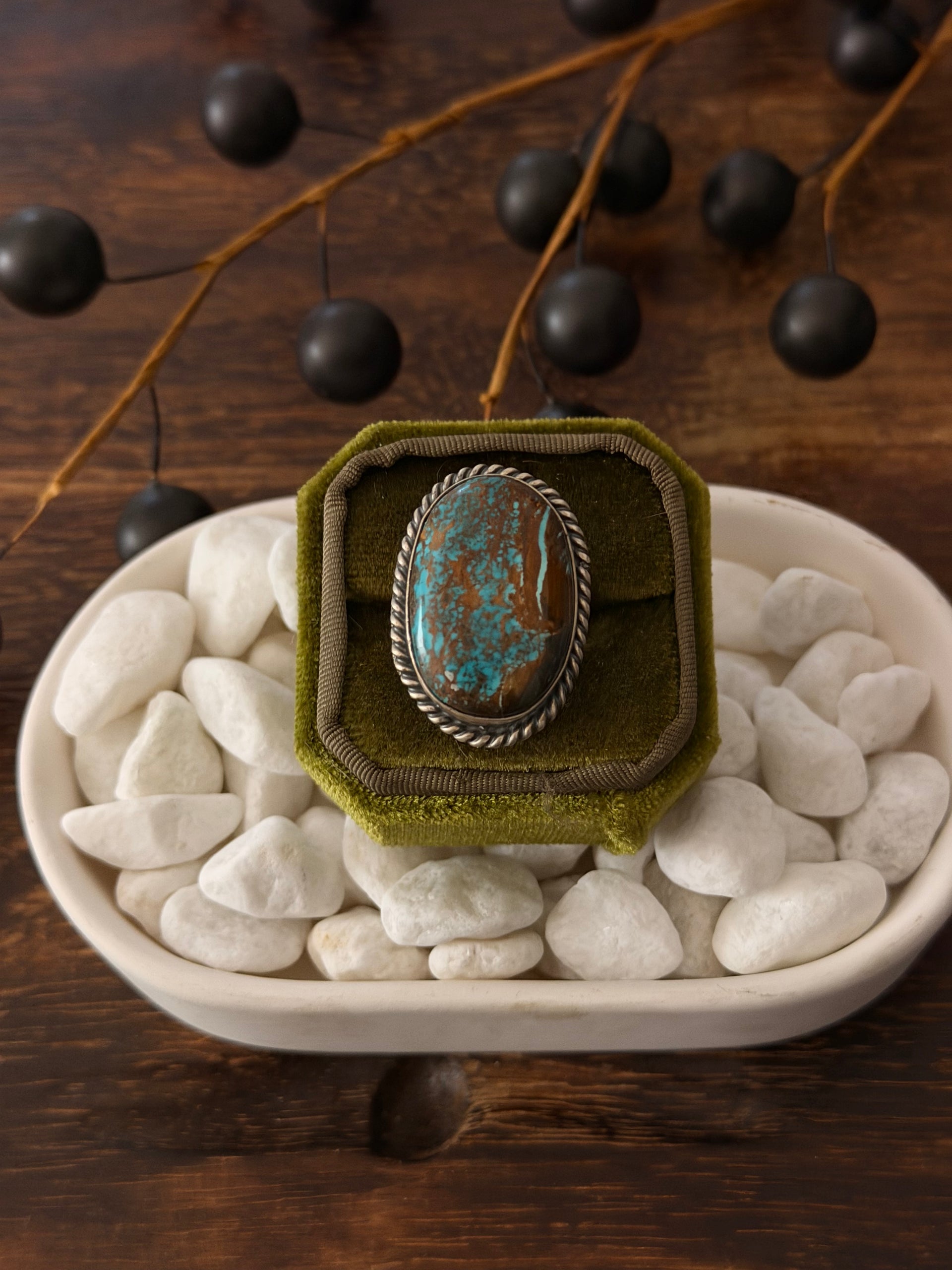 Navajo Made Thunder Mountain Turquoise & Sterling Silver Ring Size 8.25