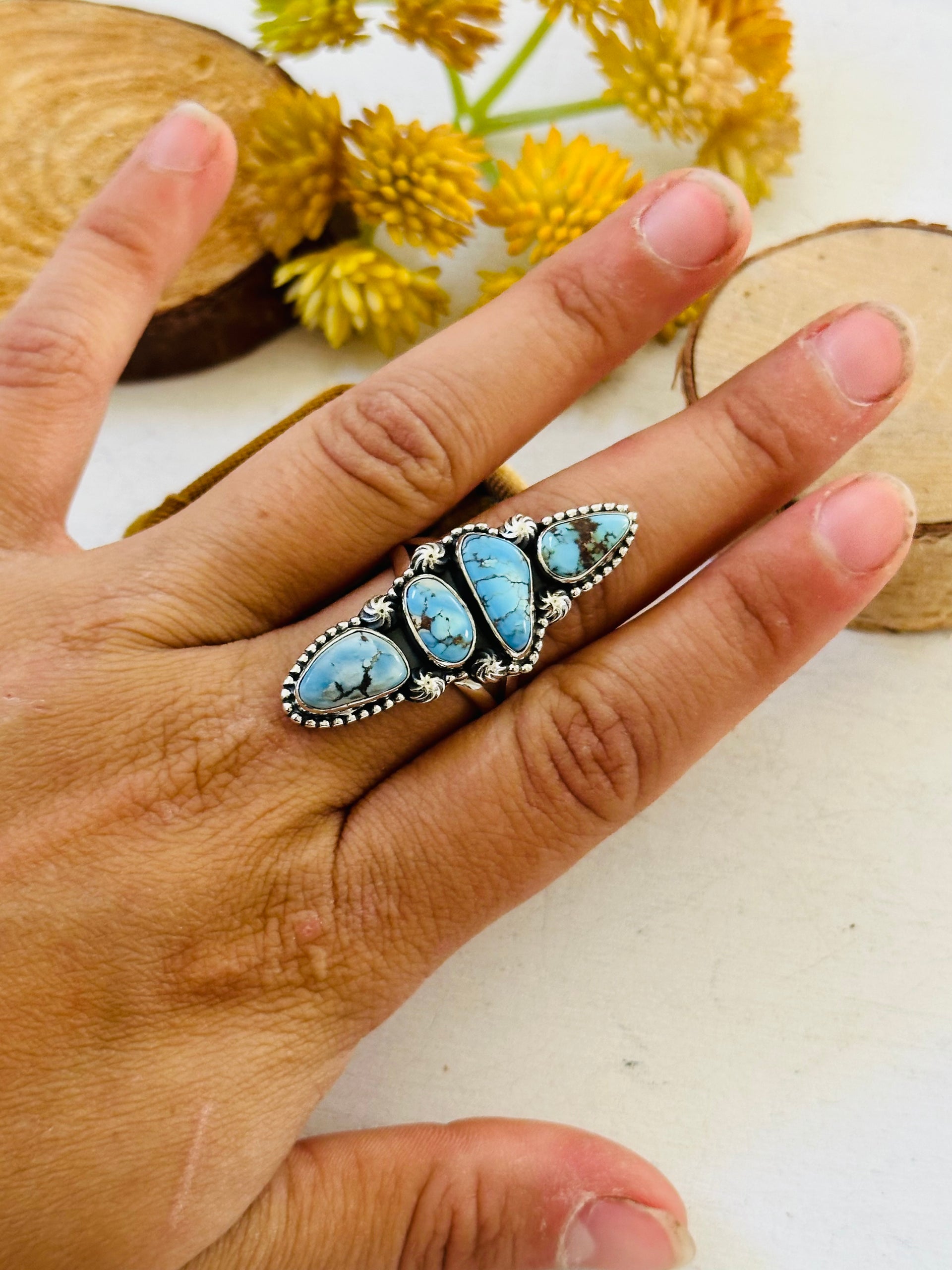 Southwest Handmade Golden Hills Turquoise & Sterling Silver Ring Size 9