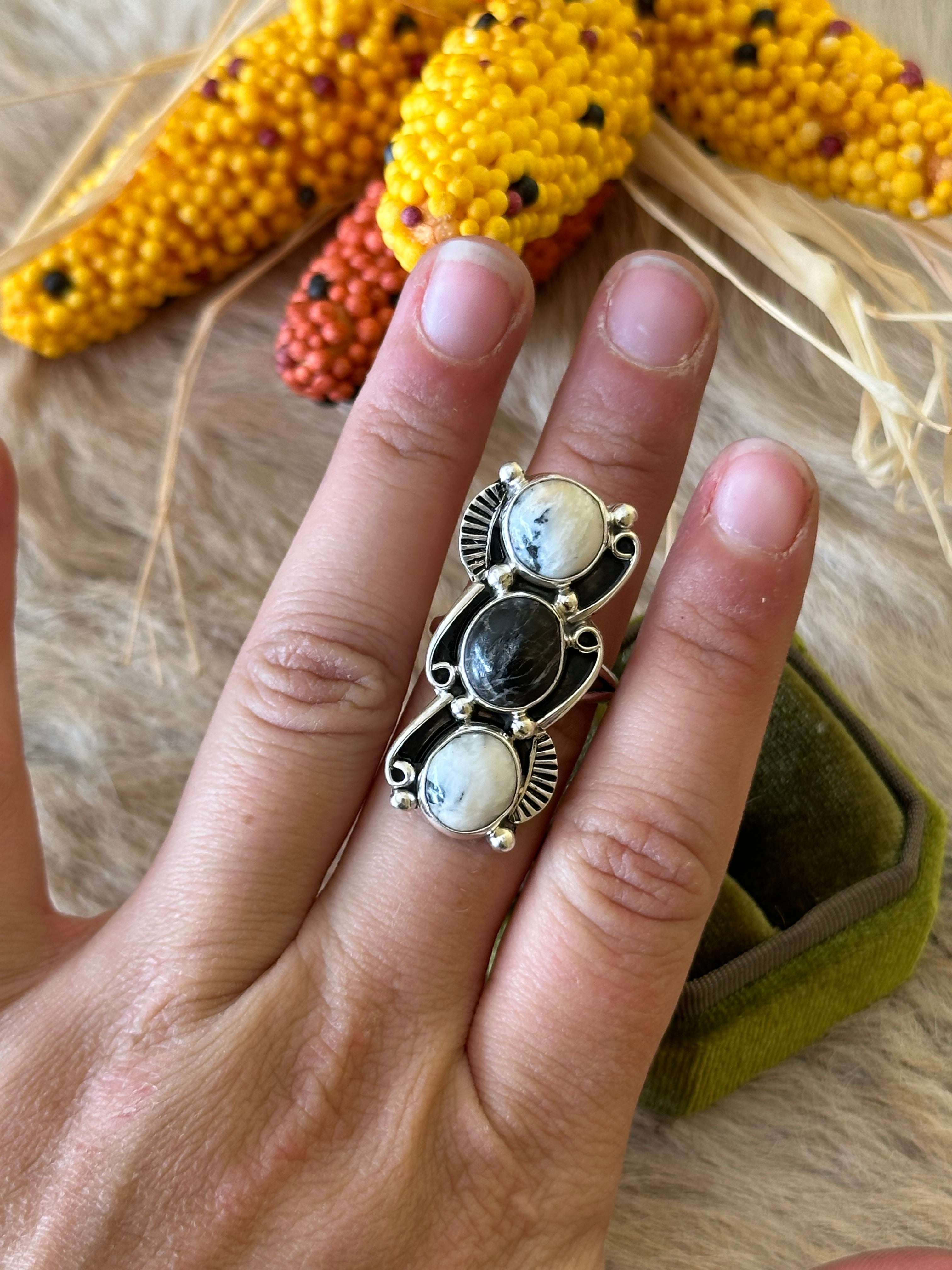 Navajo Made White Buffalo & Sterling Silver Adjustable Ring