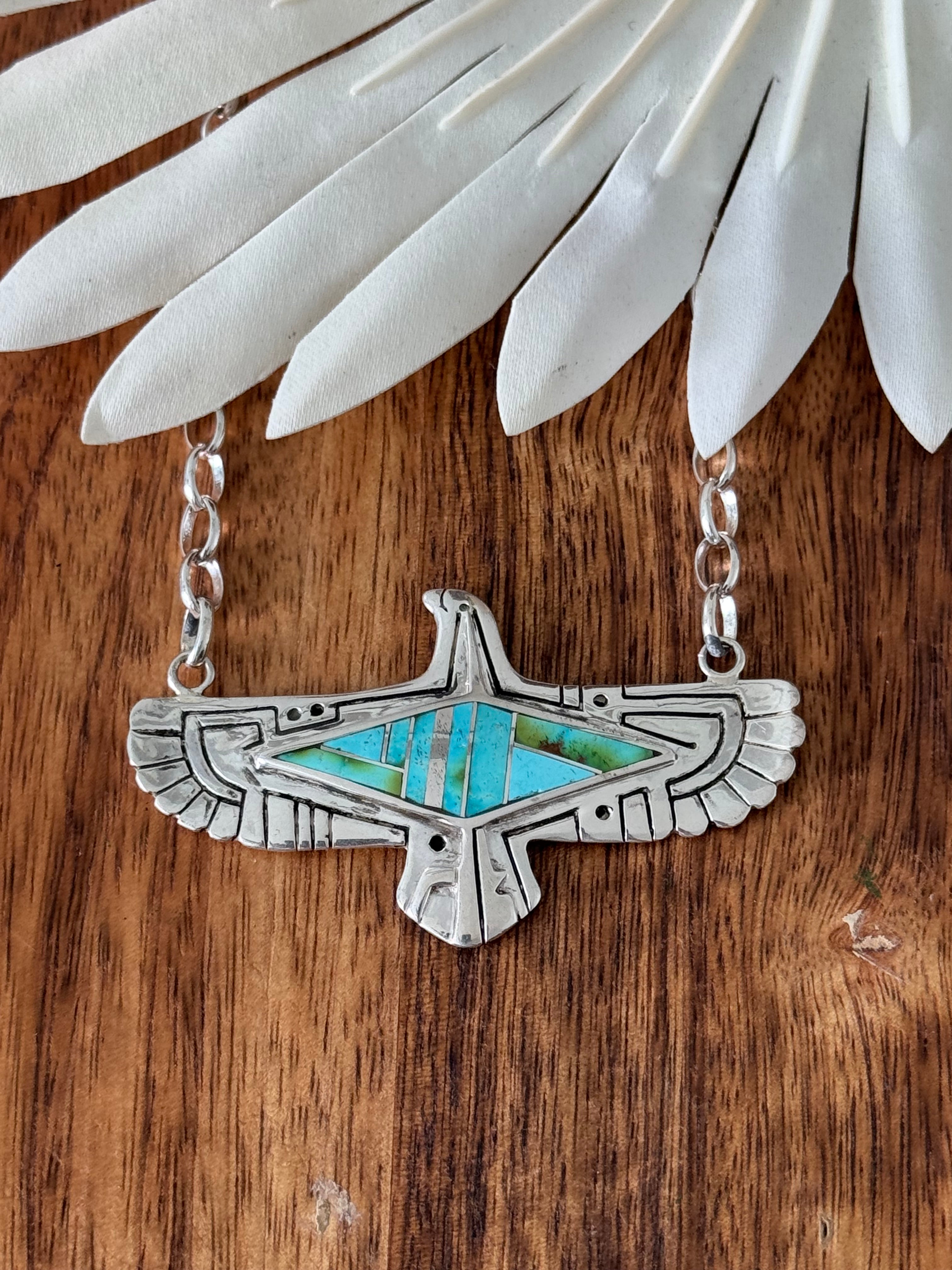 Navajo Made Sonoran Mountain Turquoise & Sterling Silver Inlay Thunderbird Necklace