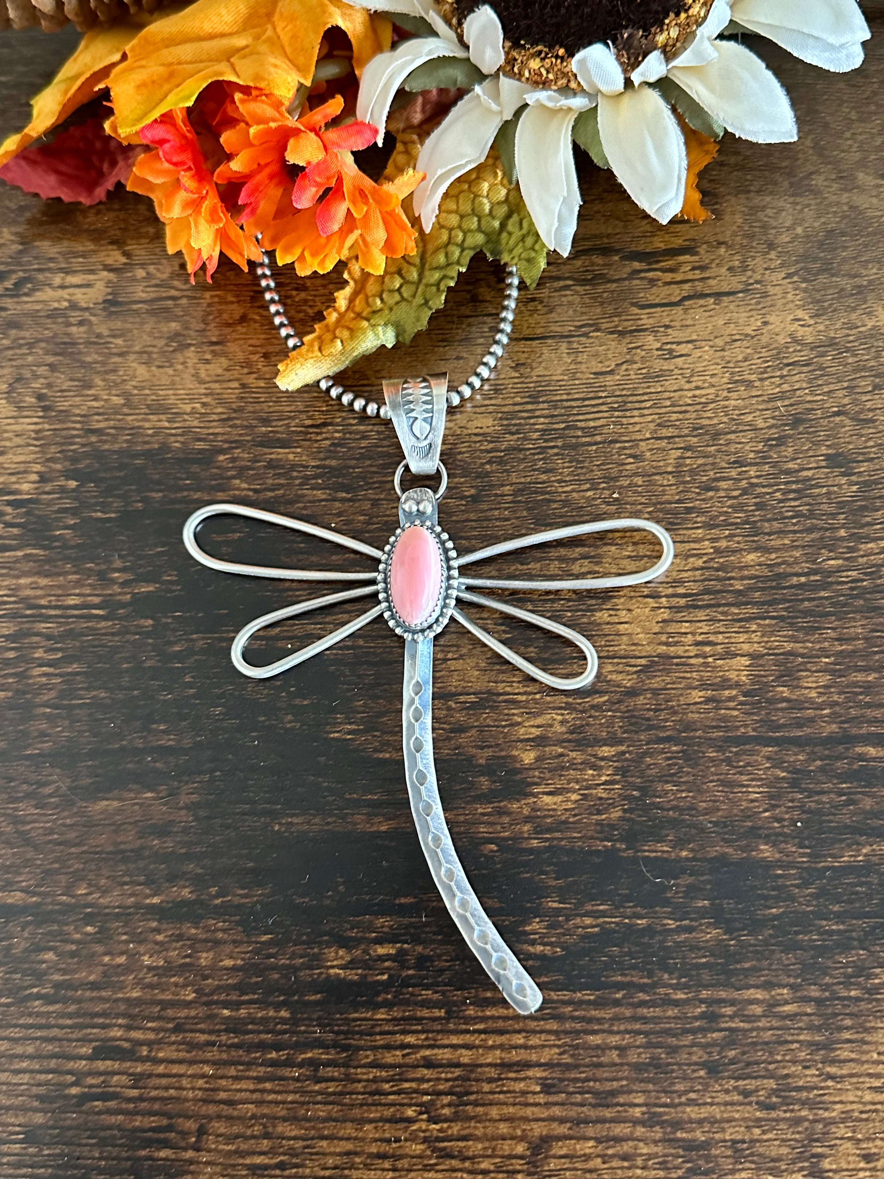 Delbert Secatero Pink Conch & Sterling Silver Dragonfly Pendant