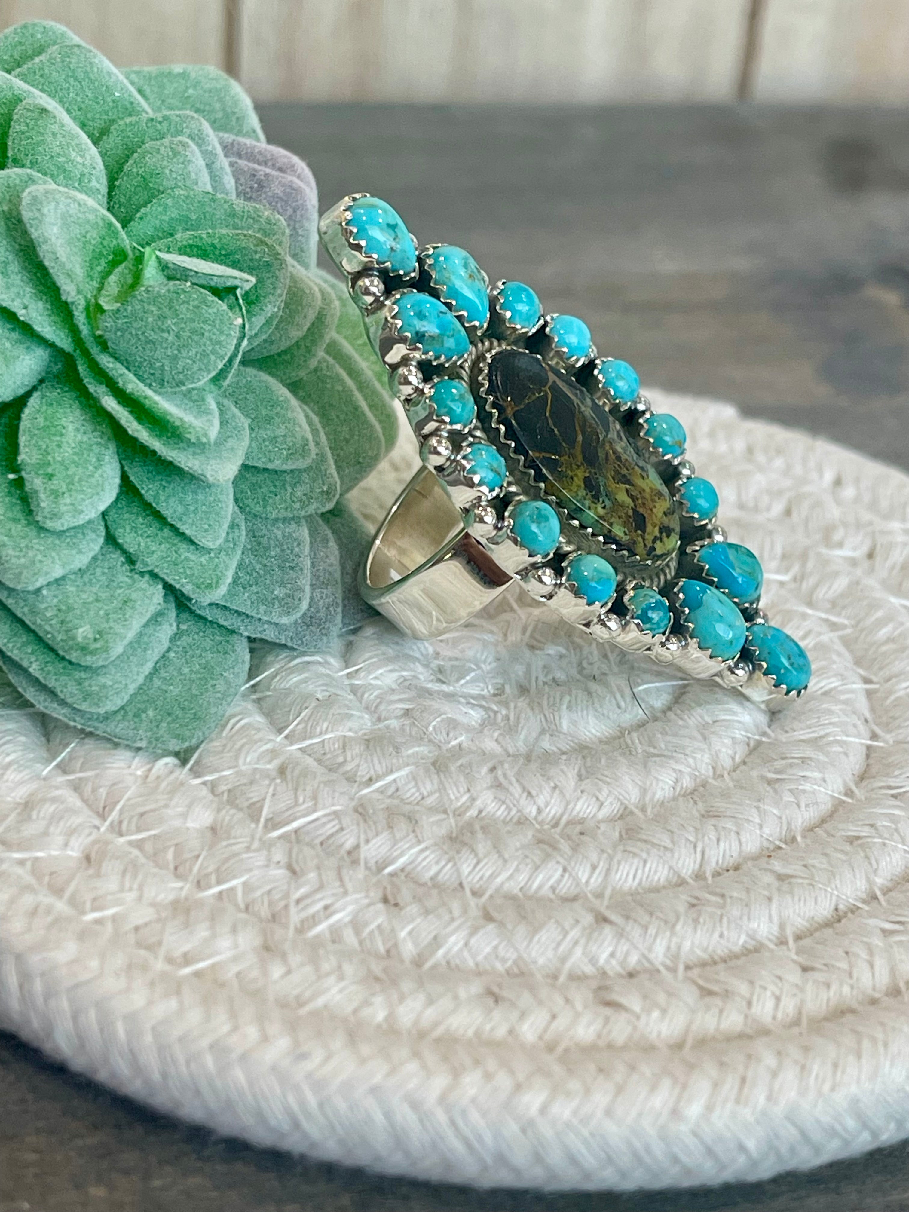 Southwest Handmade BlackJack Turquoise And Kingman Turquoise & Sterling Silver Adjustable Ring