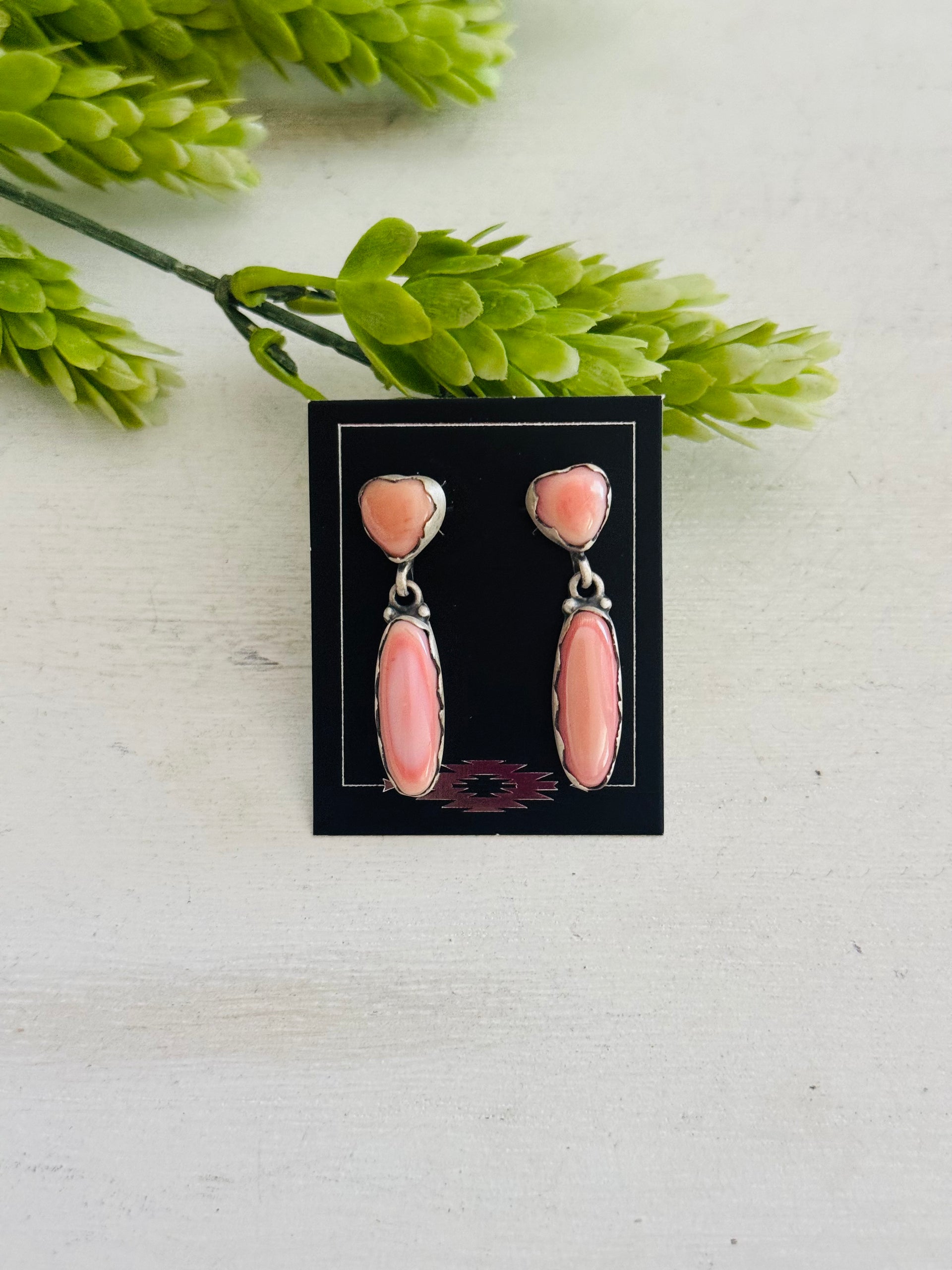 Southwest Made Pink Conch & Sterling Silver Post Dangle Earrings