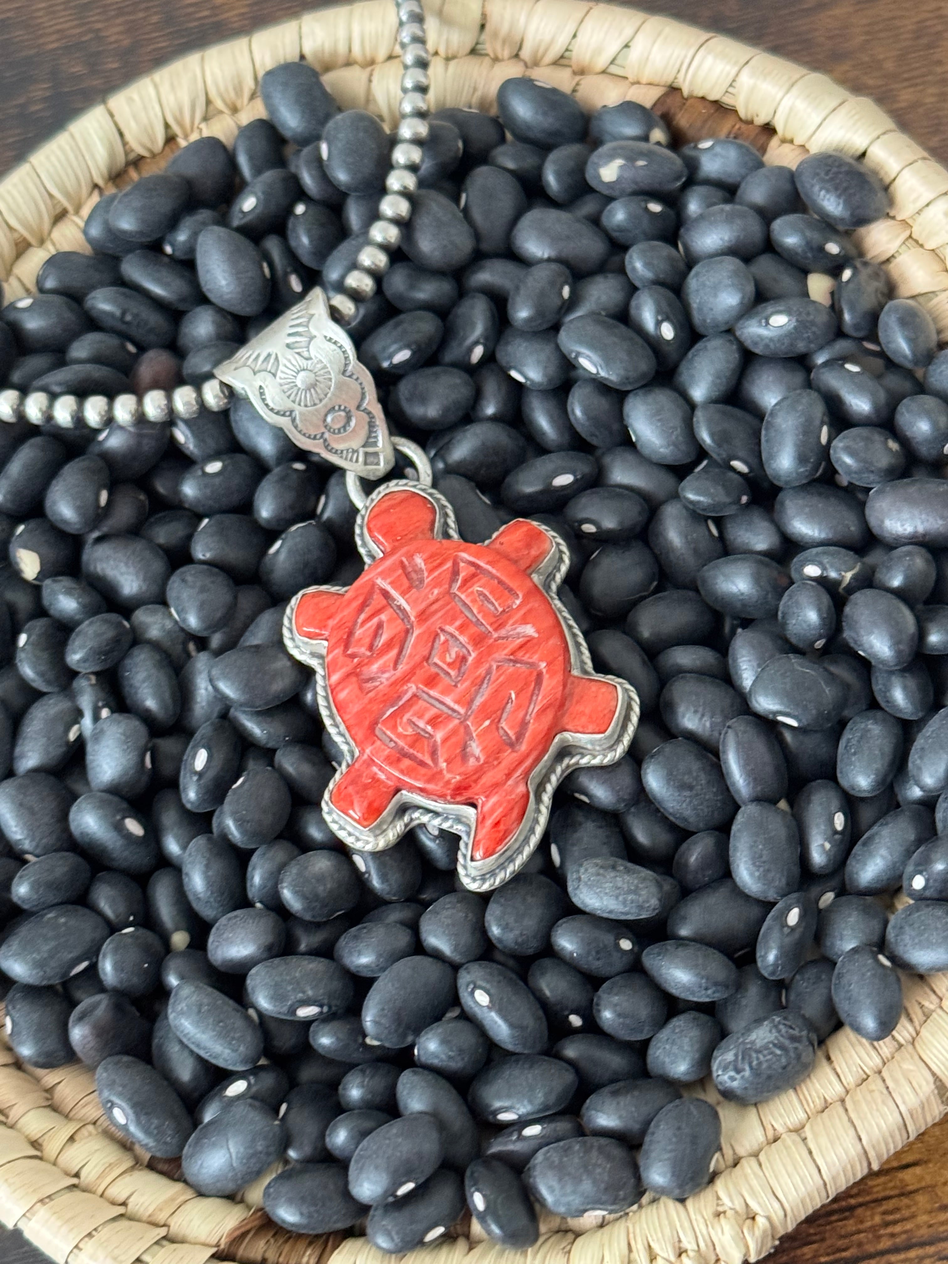 Navajo Made Red Spiny Oyster & Sterling Silver Turtle Pendant