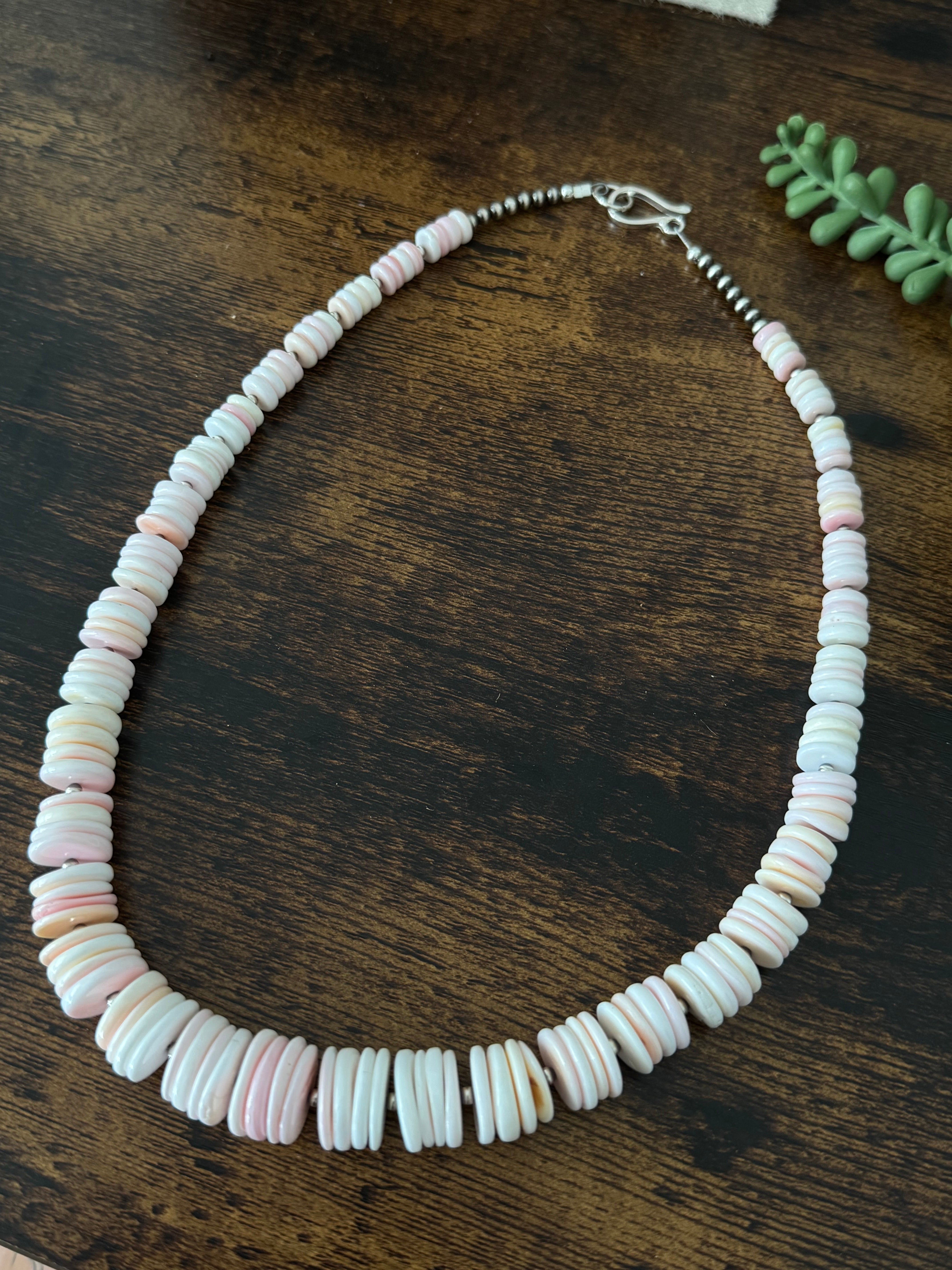 Navajo Strung Pink Conch & Sterling Silver Beaded Necklace