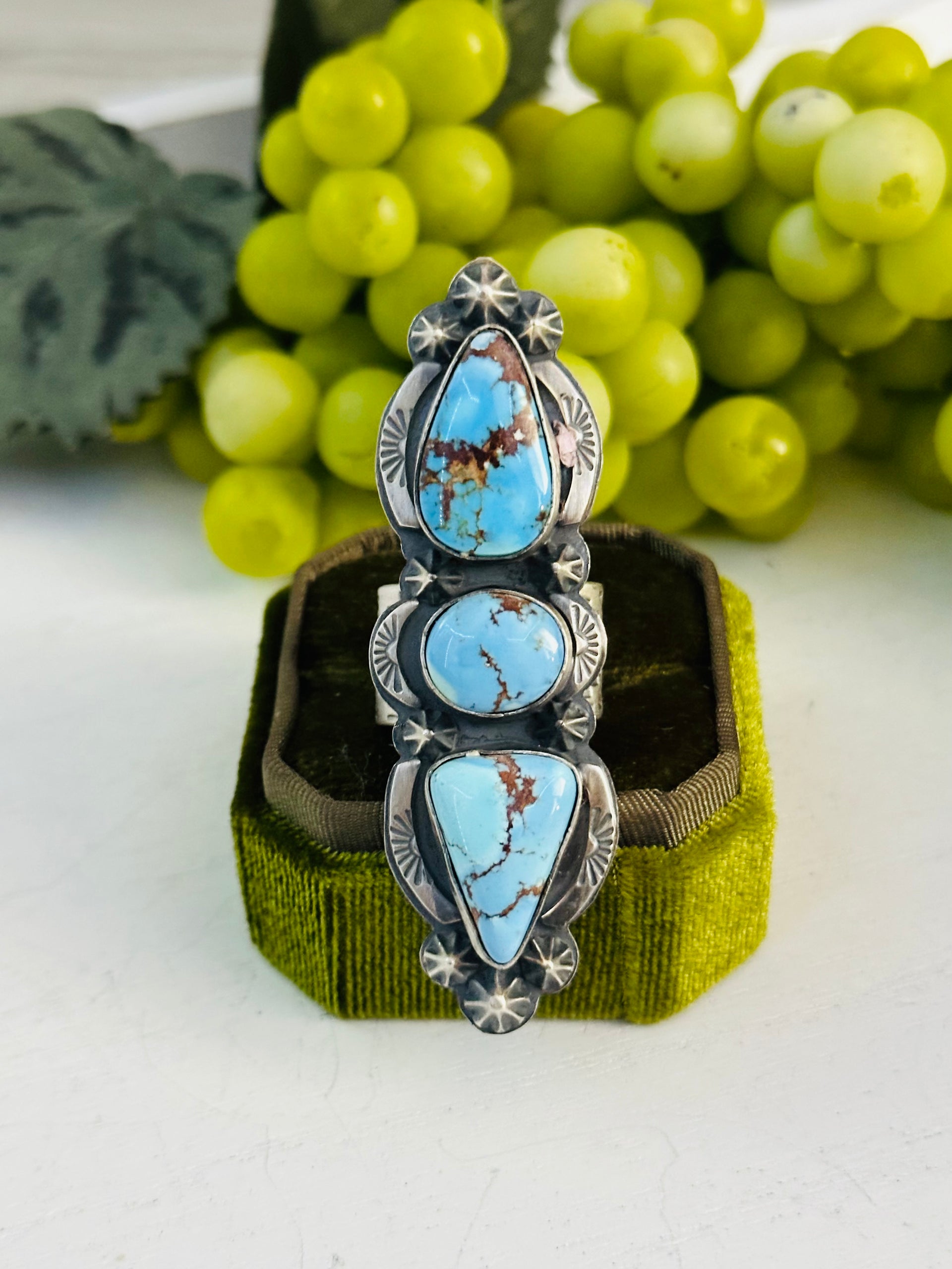 Tim Vandever Golden Hills Turquoise & Sterling Silver Ring Size 7.75