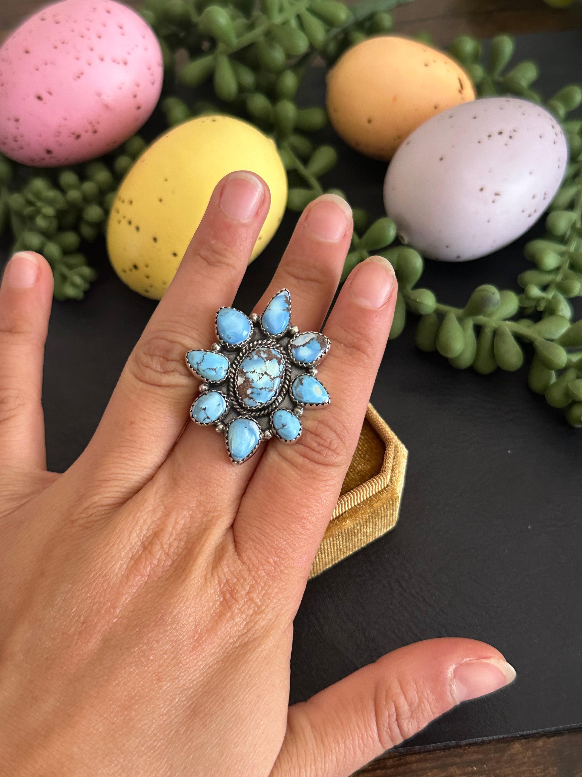 Southwest Handmade Golden Hills Turquoise & Sterling Silver Adjustable Cluster Ring