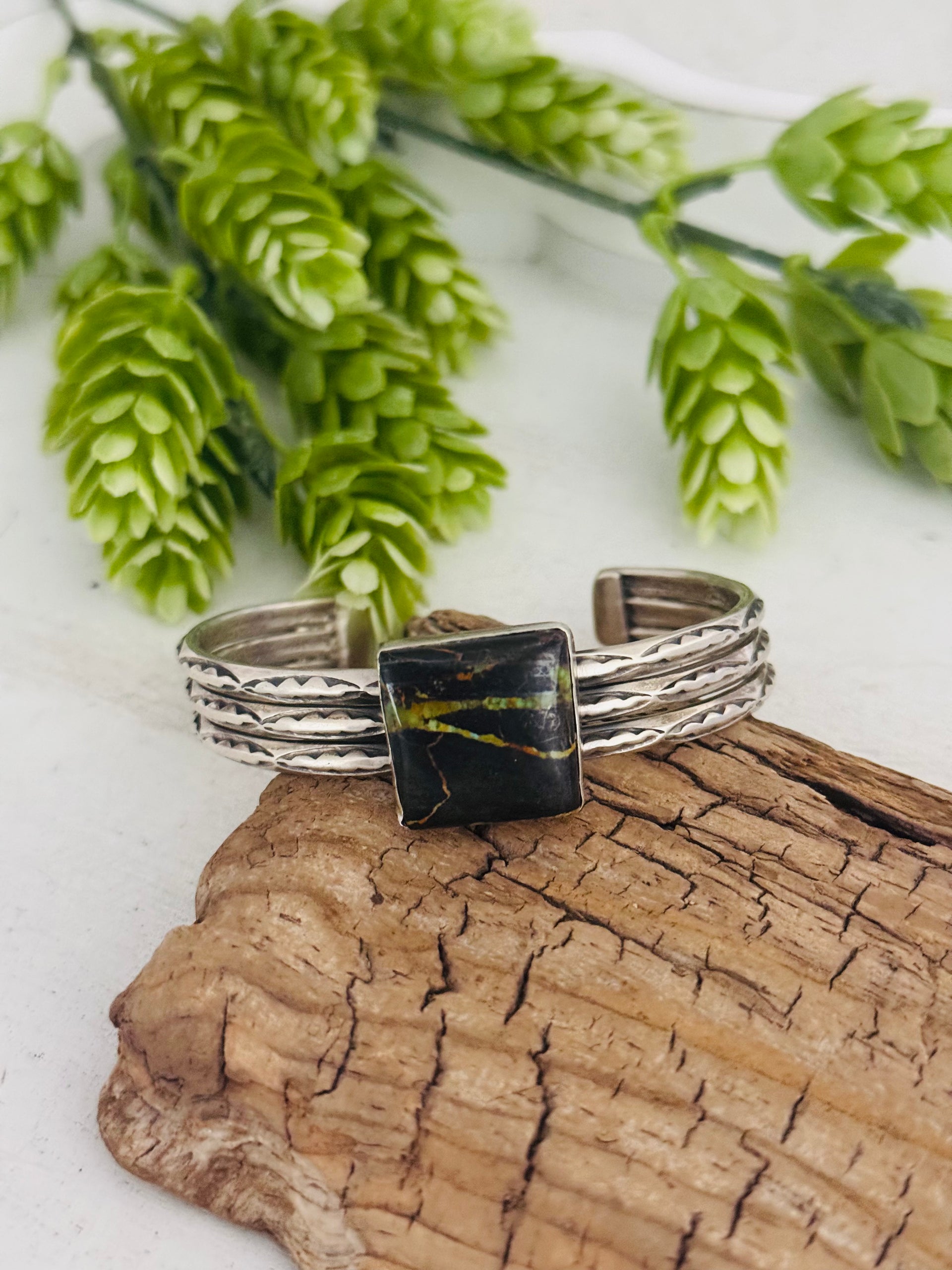 Navajo Made Black Jack Turquoise & Sterling Silver Cuff Bracelet