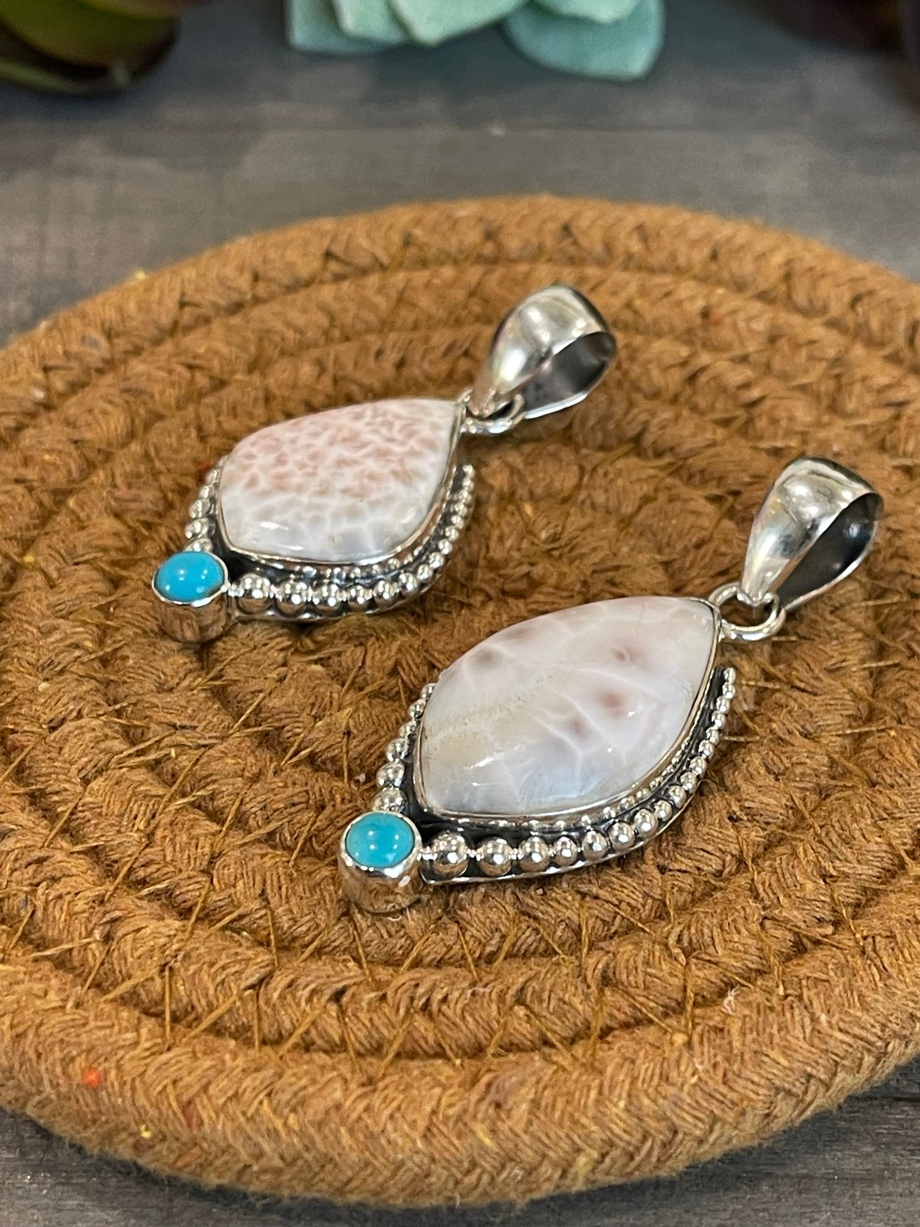 Southwest Handmade Pink Larimar And Kingman Turquoise & Sterling Silver Pendant