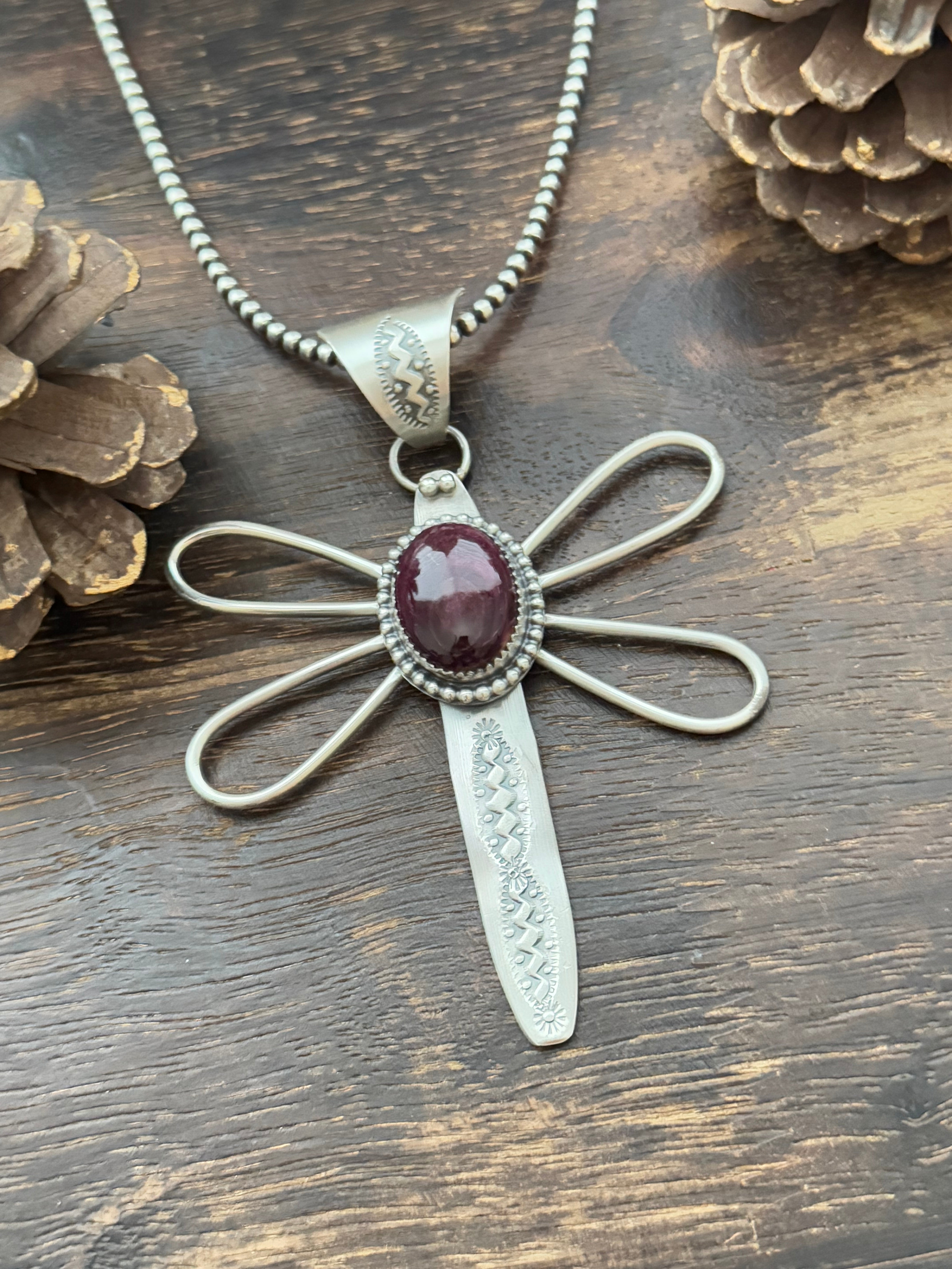 Delbert Secatero Purple Spiny Oyster & Sterling Silver Dragonfly Pendant