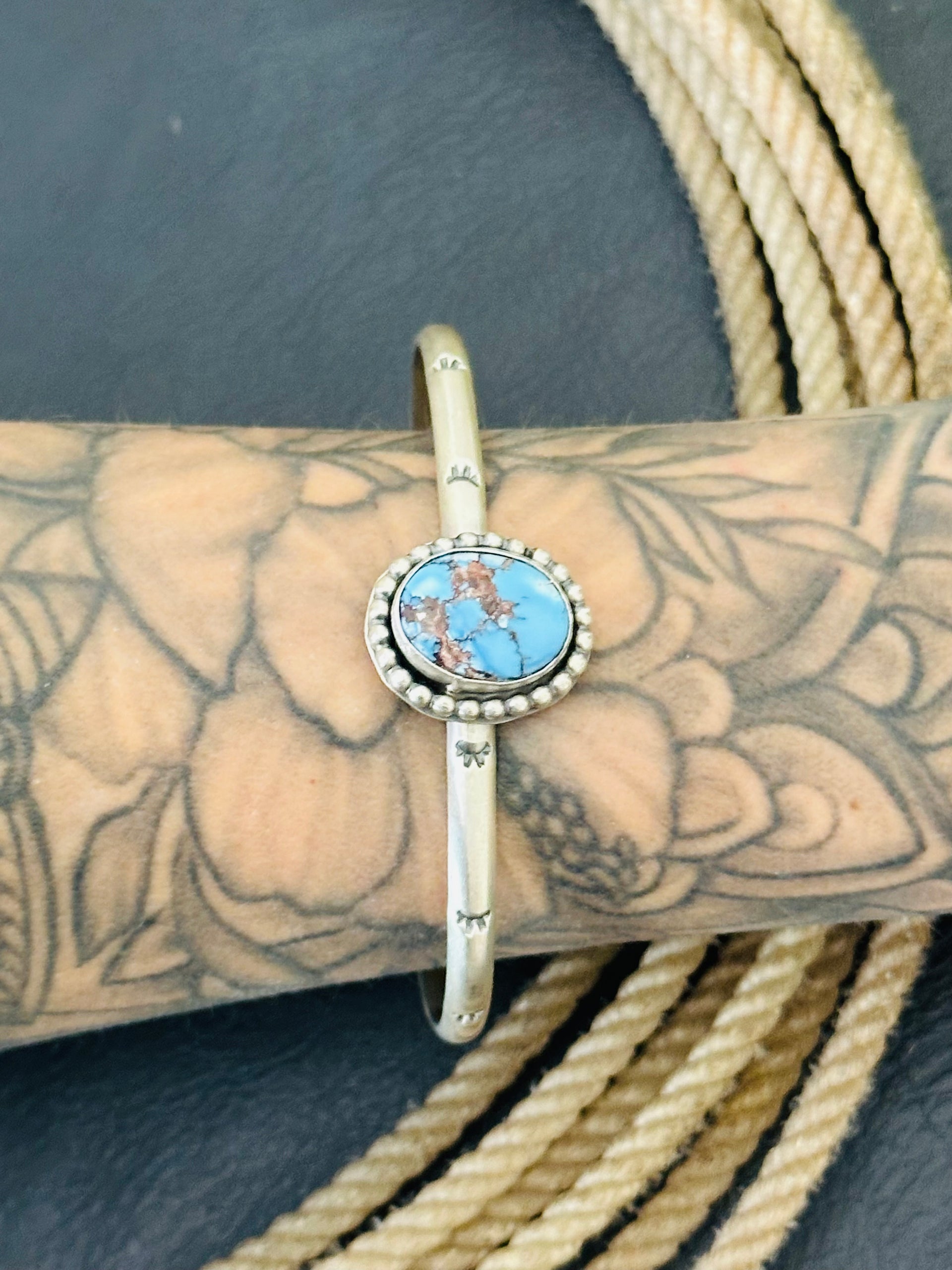 Navajo Made Golden Hills Turquoise & Sterling Silver Cuff Bracelet