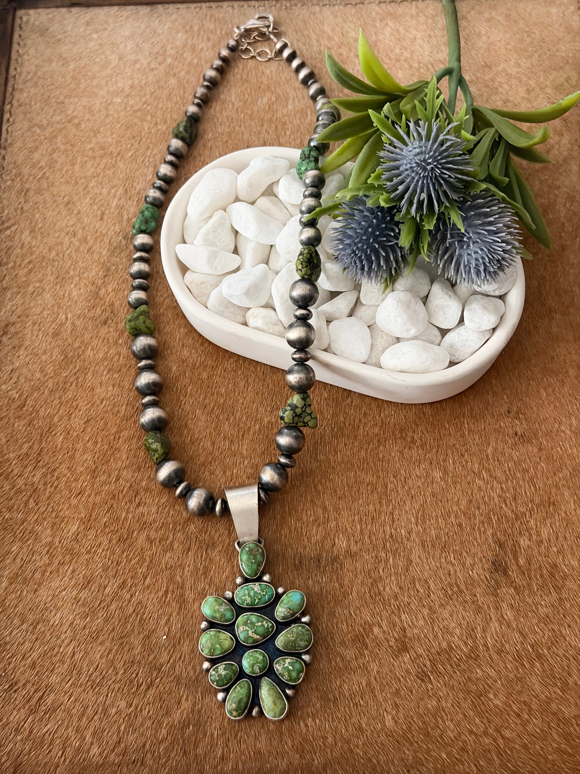 Paul Livingston Sonoran Gold Turquoise & Sterling Silver Cluster Graduated Pearl Necklace
