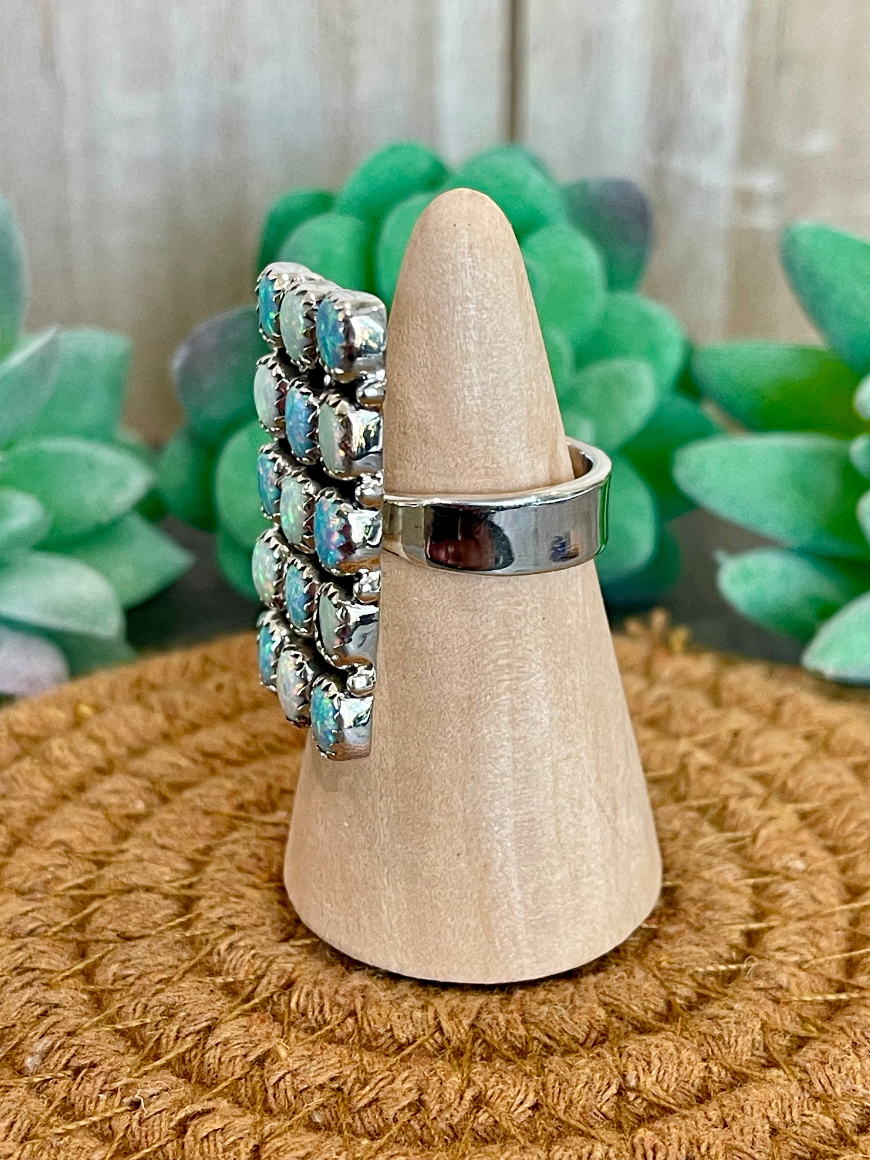 Southwest Handmade Blue Opal & Sterling Silver Adjustable Cluster Ring