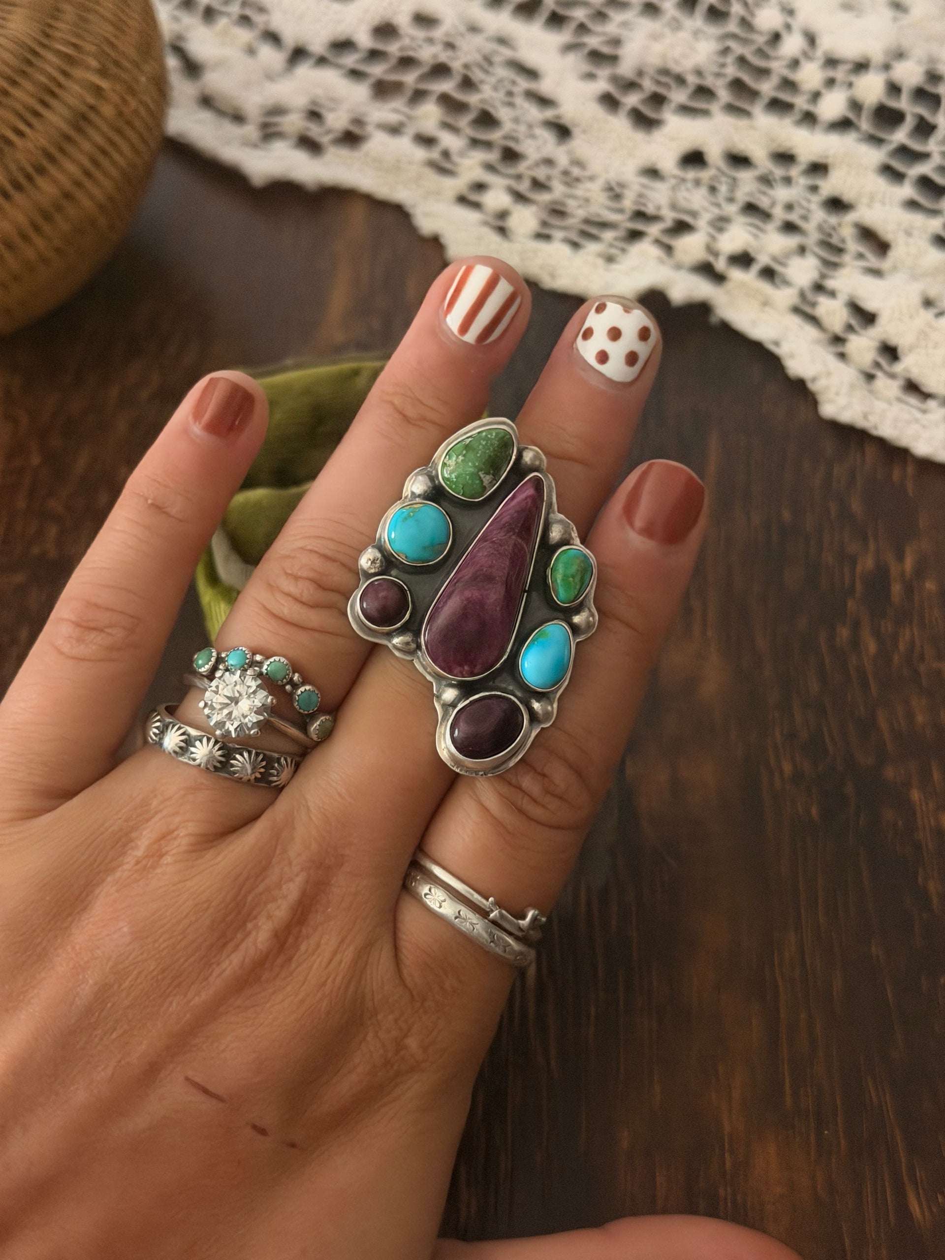 Navajo Made Multi Stone & Sterling Silver Cluster Ring Size 7