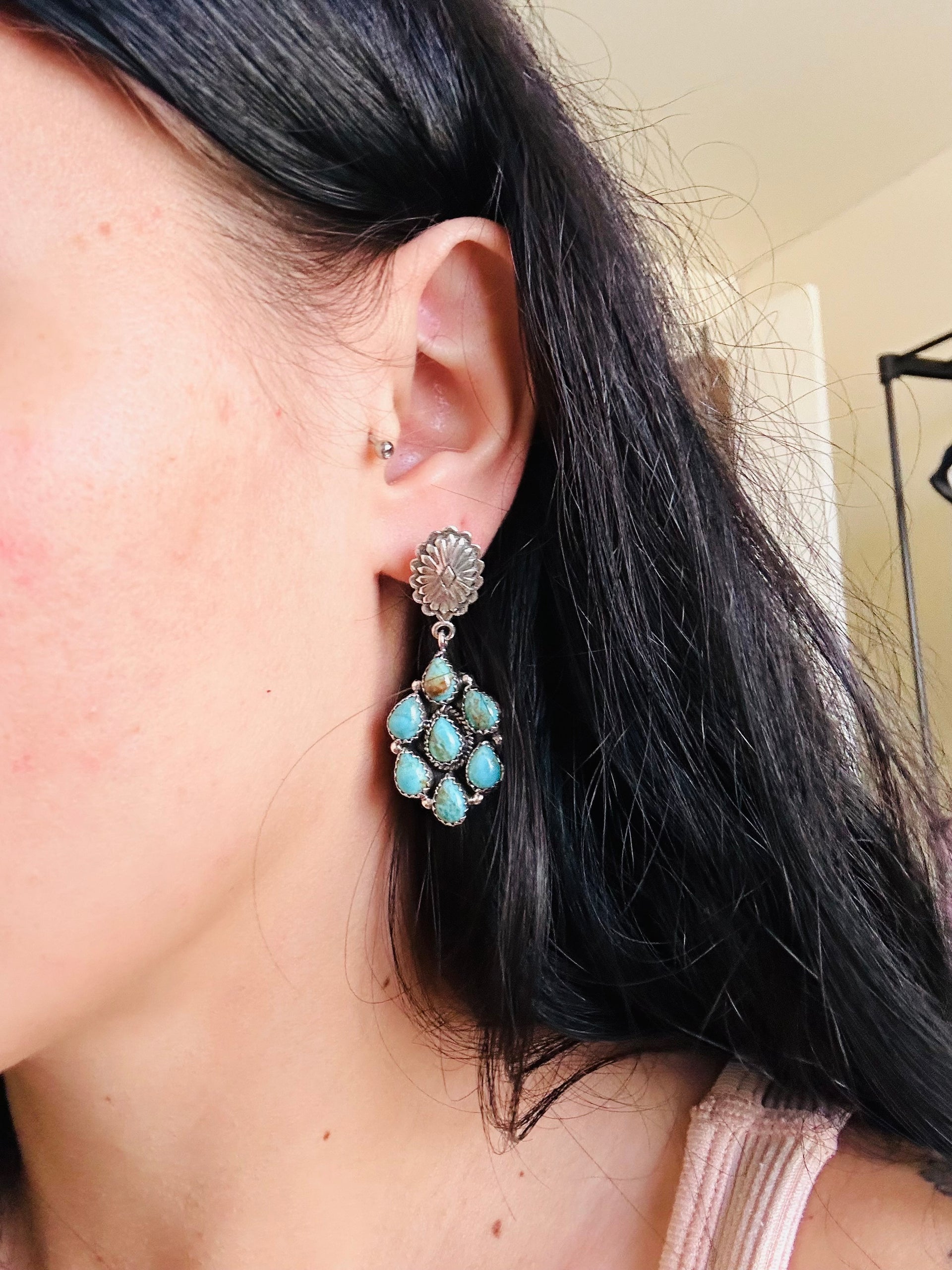 Southwest Handmade Kingman Turquoise & Sterling Silver Post Dangle Earrings
