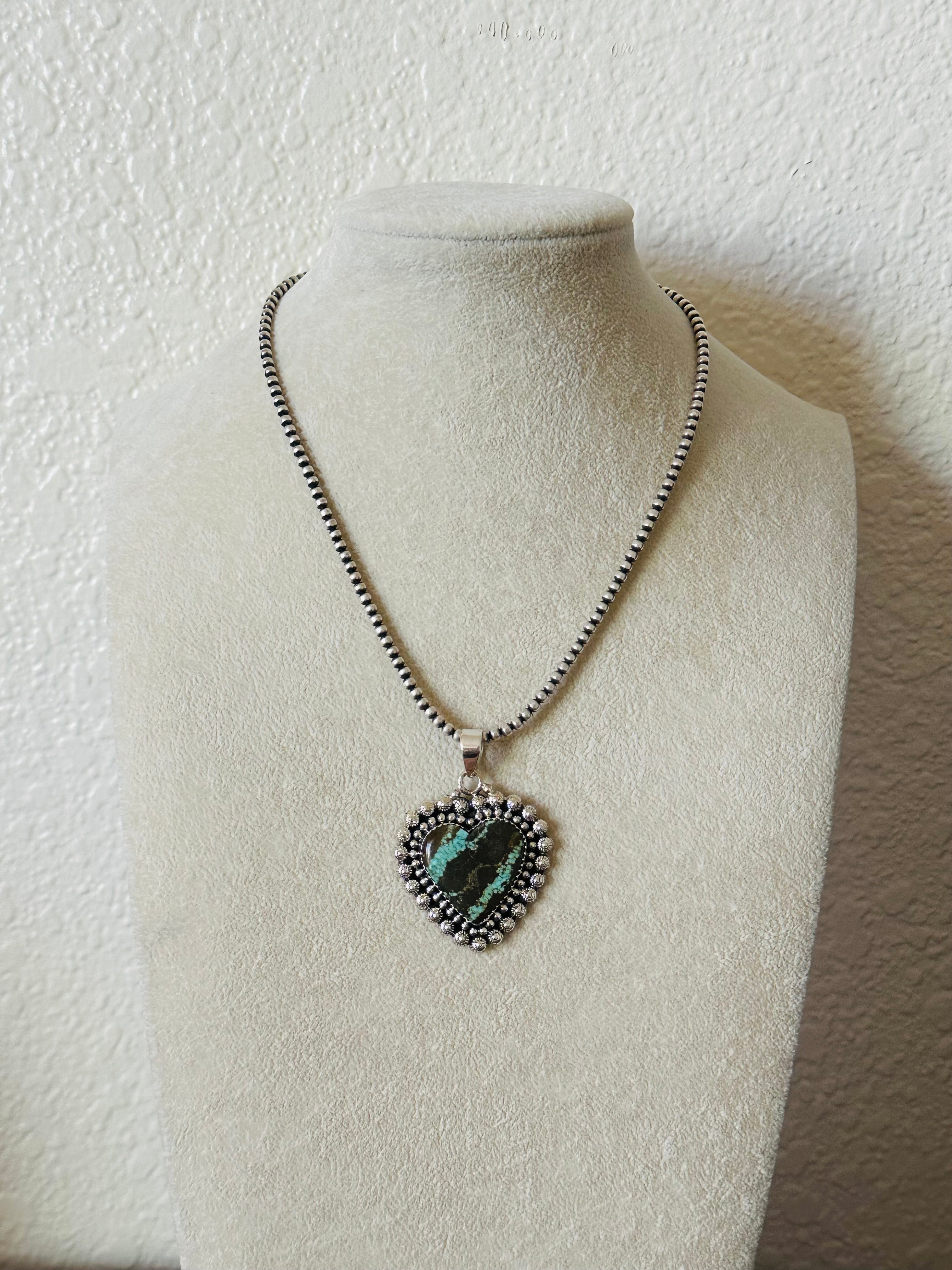 Southwest Handmade Number 8 Turquoise & Sterling Silver Heart Pendant