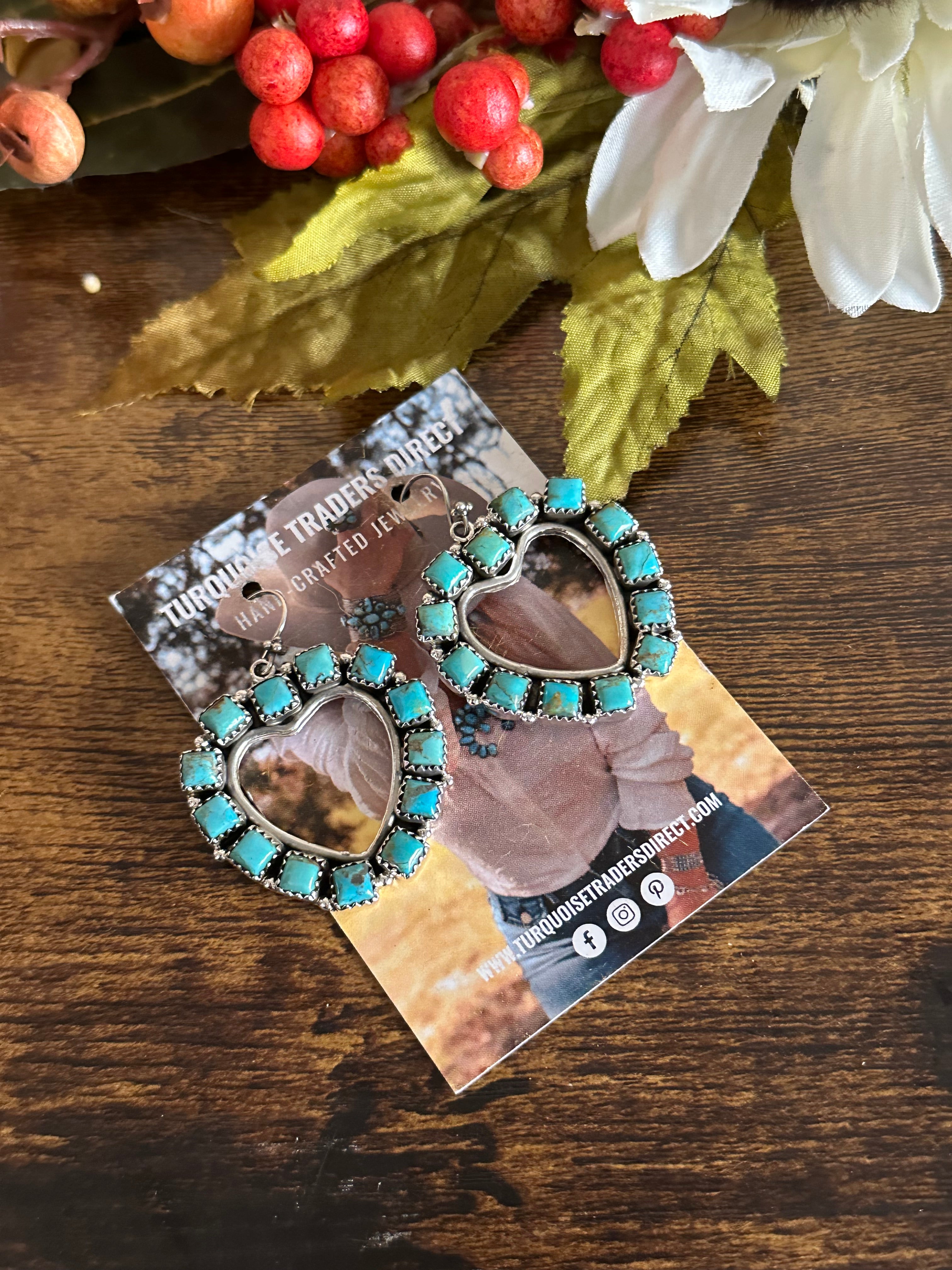 Southwest Kingman Turquoise & Sterling Silver Dangle Cluster Heart Earrings