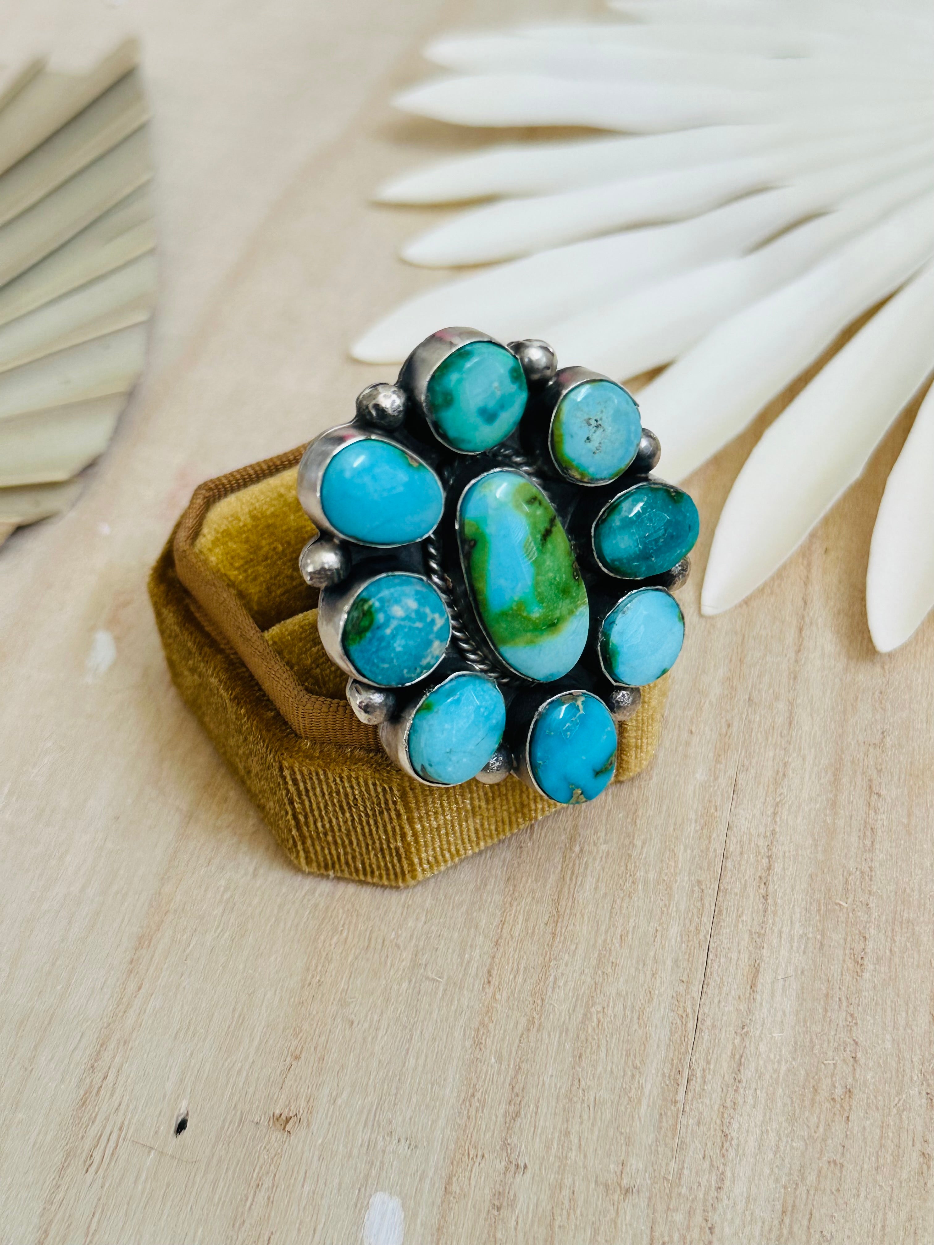 Navajo Handmade Sonoran Mountain Turquoise & Sterling Silver Cluster Adjustable Ring