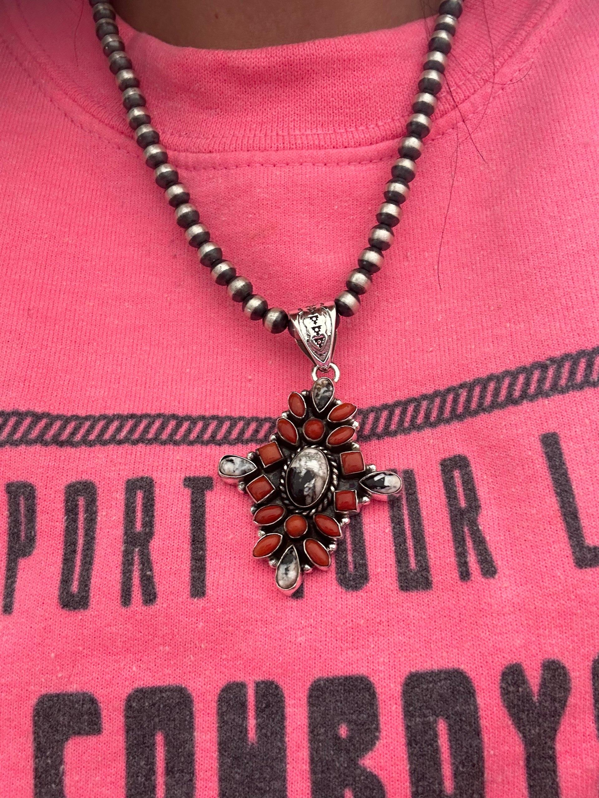 Southwest Handmade Multi Stone & Sterling Silver Cluster Pendant