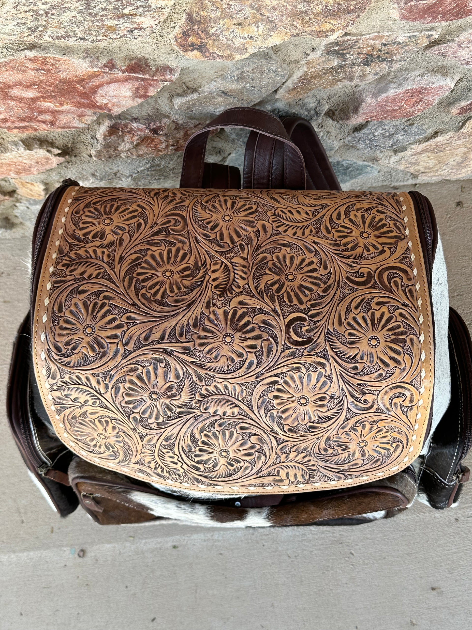 Genuine Tooled Leather Cowhide Back Pack/Diaper Bag