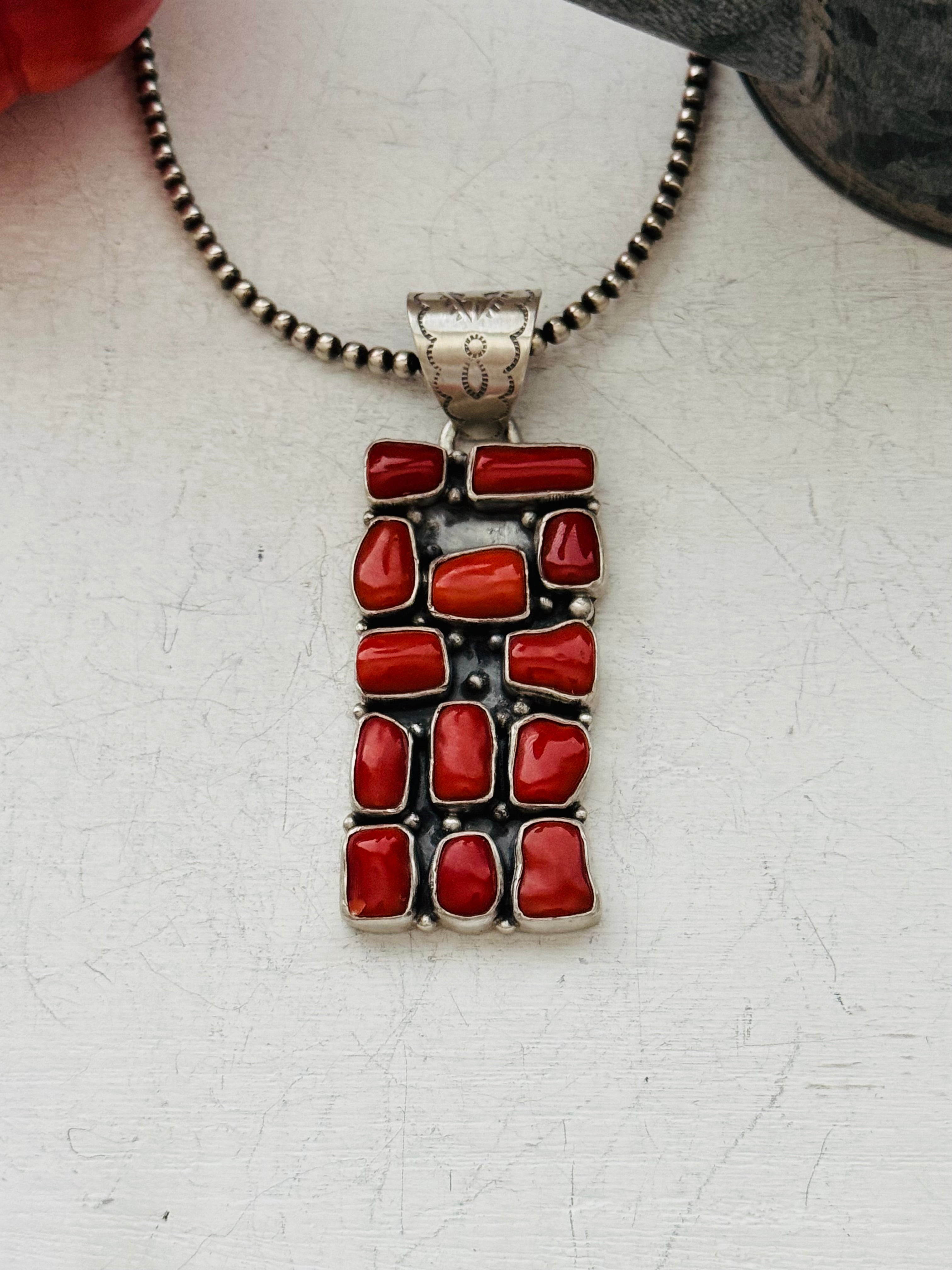 Navajo Made Mediterranean Coral & Sterling Silver Pendant