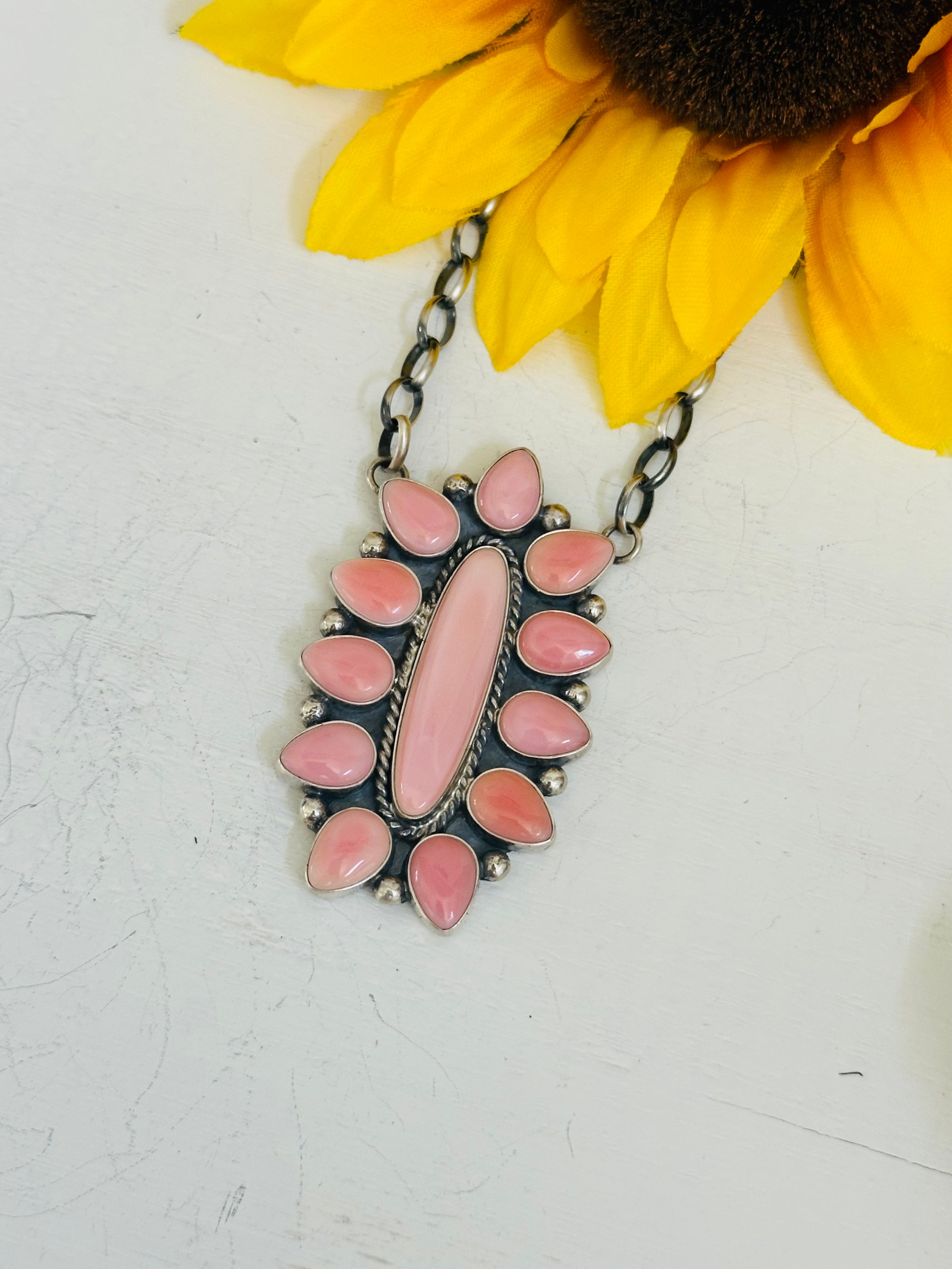 Virginia Sandoval Pink Conch and Sterling Silver Cluster Necklace