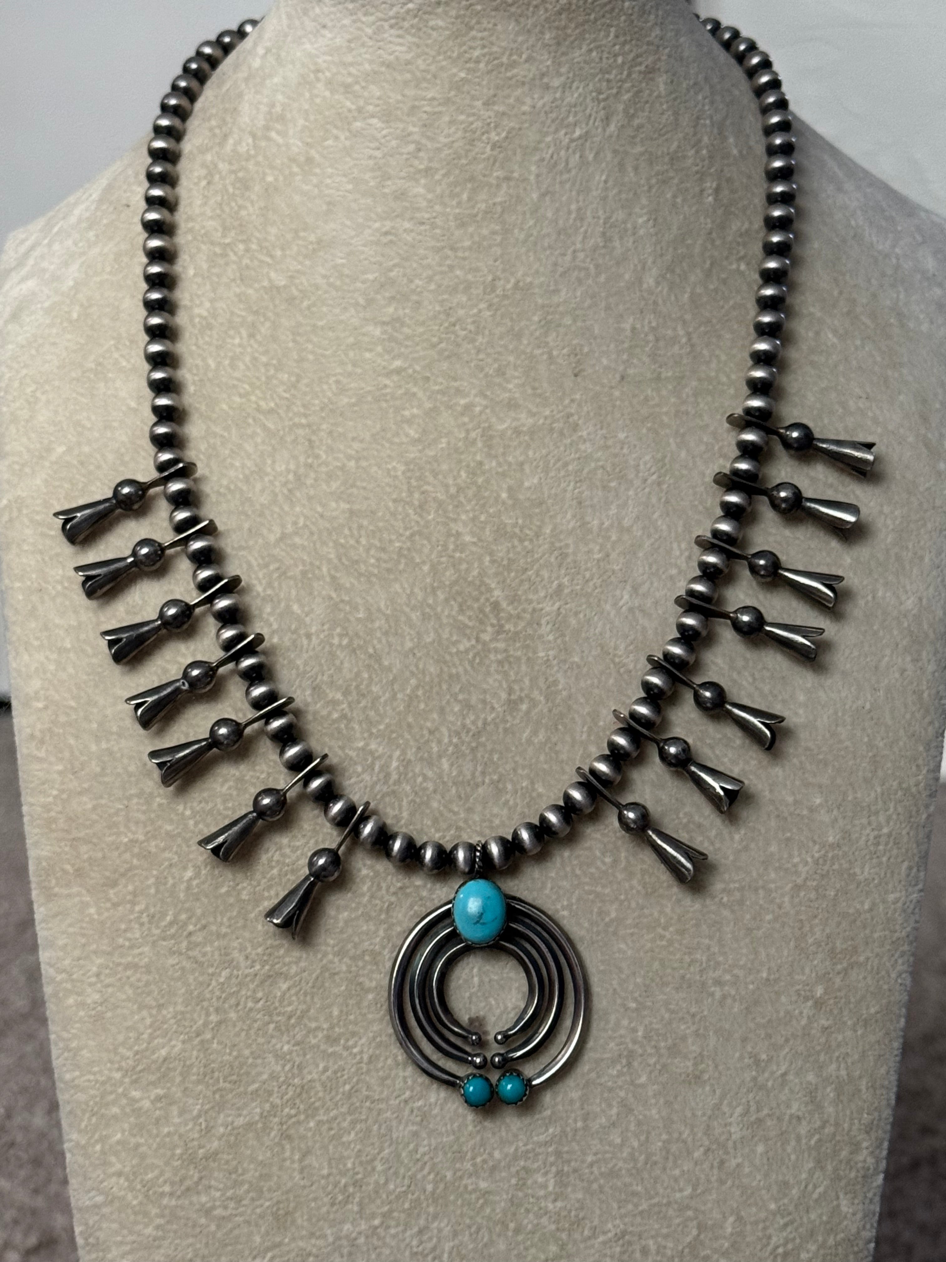 Southwest Handmade Kingman Turquoise & Sterling Silver Squash Blossom Necklace