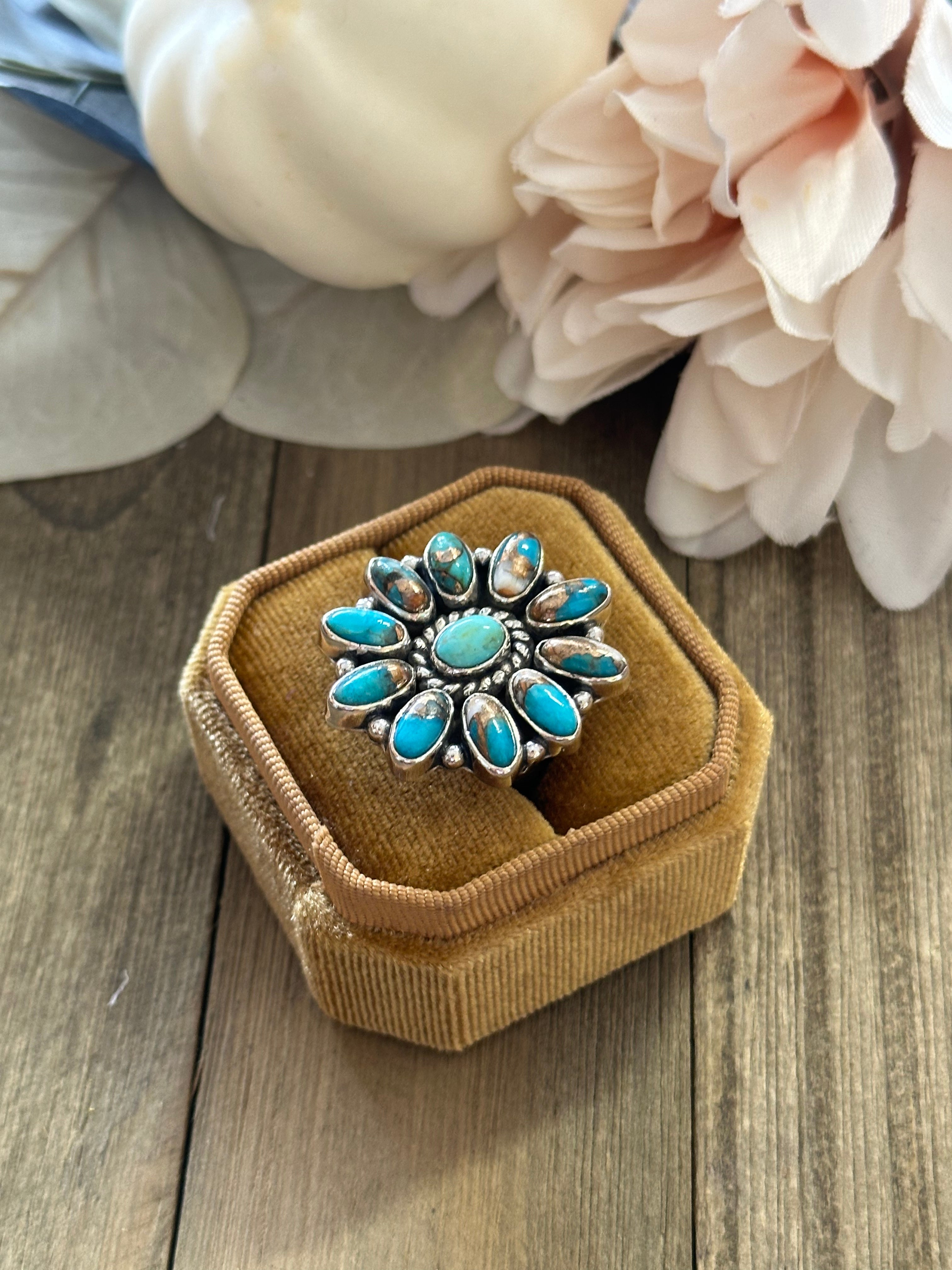 Southwest Handmade Mohave Turquoise & Sterling Silver Adjustable Cluster Ring