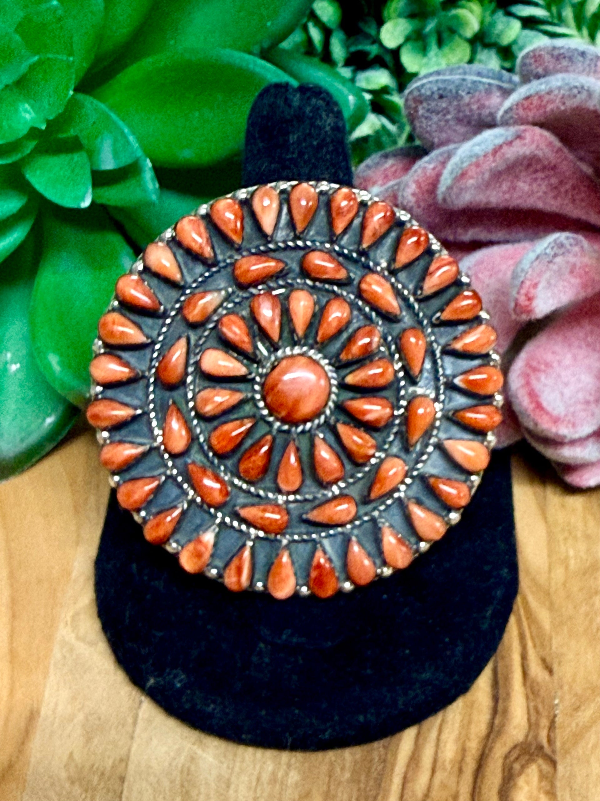 Southwest Handmade Red Spiny Oyster & Sterling Silver Ring Size 8.5