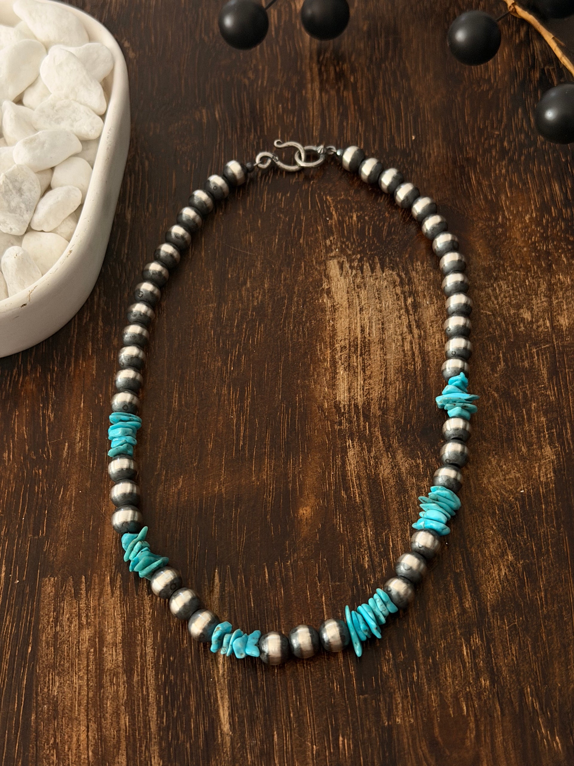 Navajo Strung Campitos Turquoise & Sterling Silver Pearl Necklace
