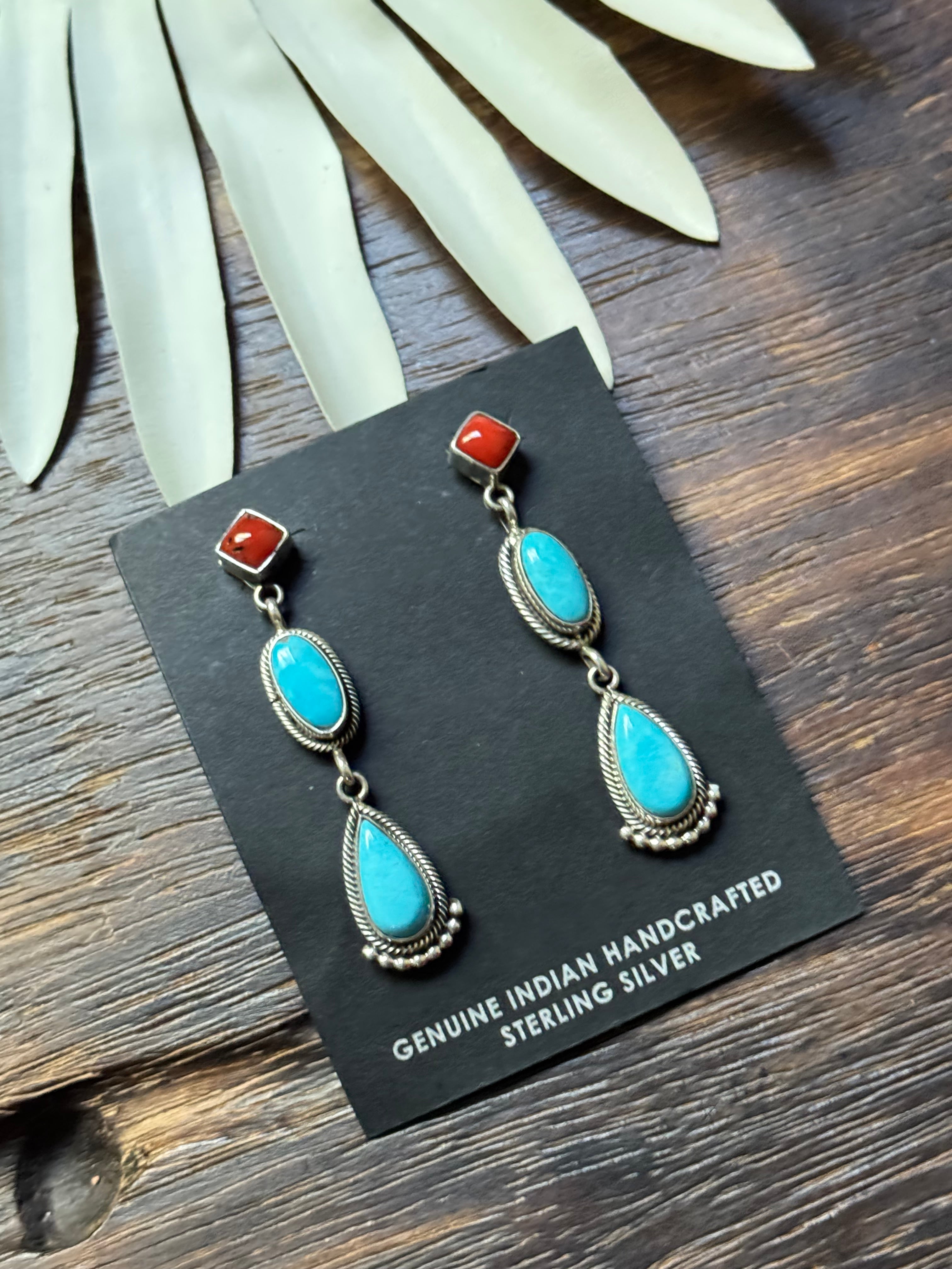 Navajo Made Multi Stone & Sterling Silver Post Dangle Earrings