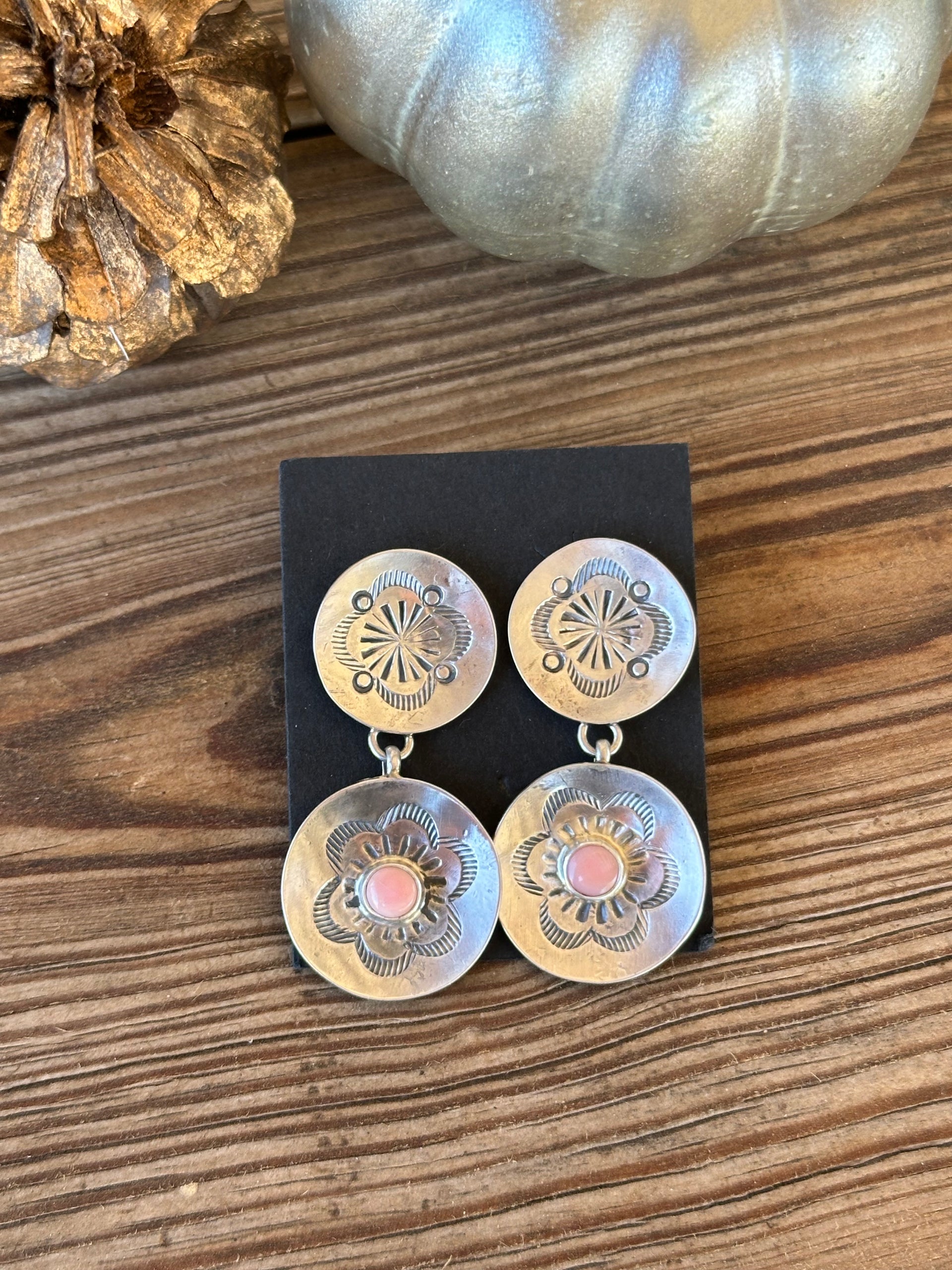 Navajo Made Pink Conch  & Sterling Silver Post Earrings