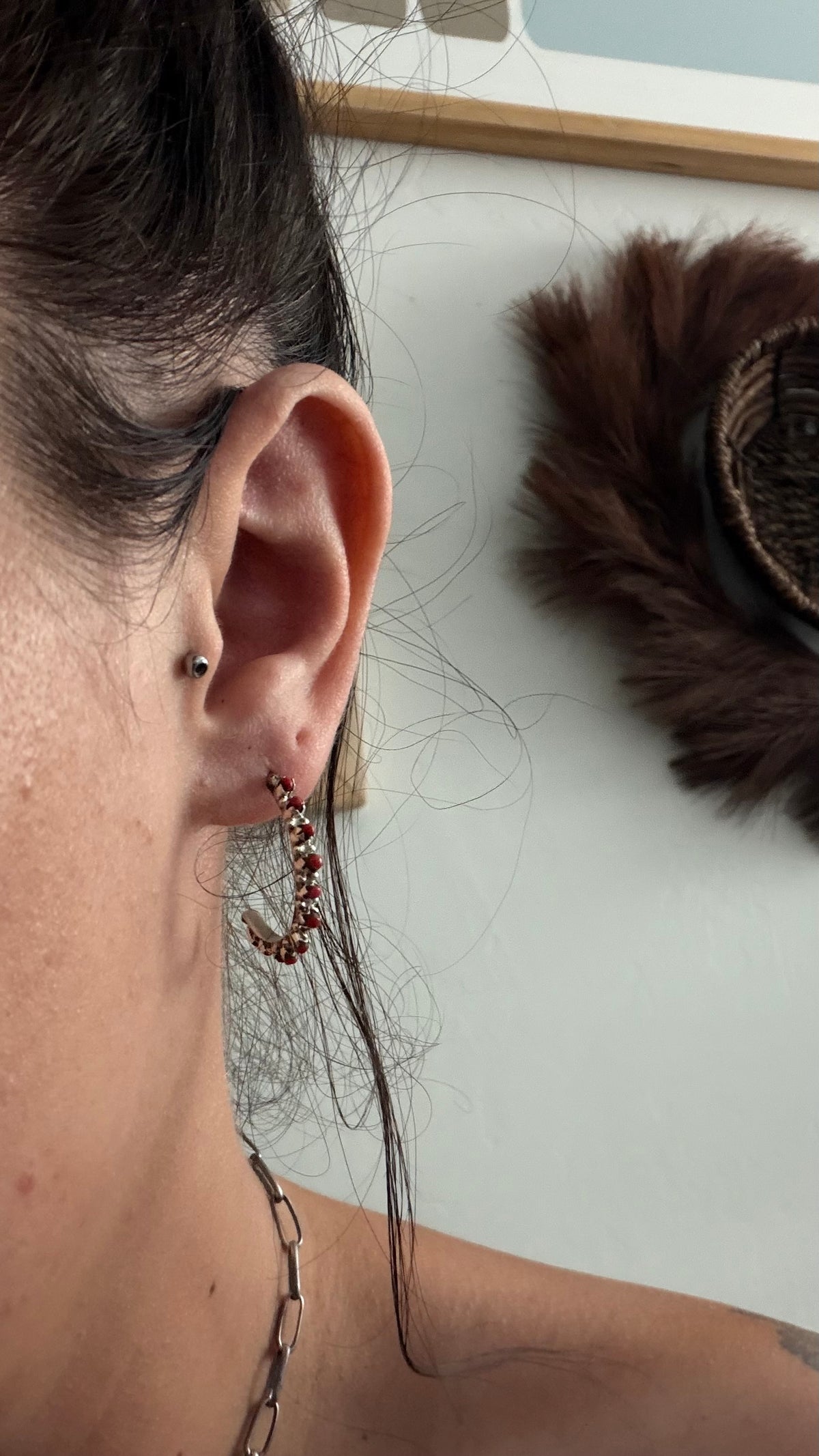 Zuni Made Coral & Sterling Silver Post Dangle Hoop Earrings
