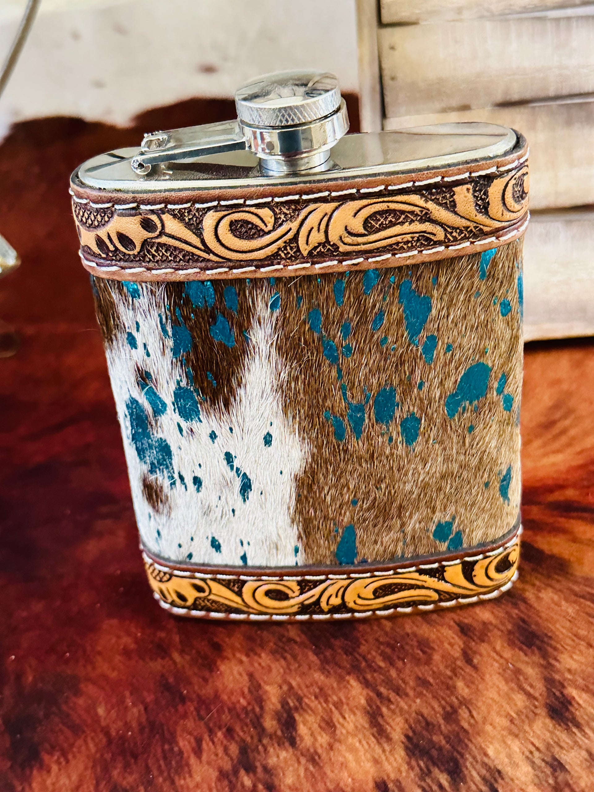 Genuine Tooled Leather & Cowhide 8 oz Flask