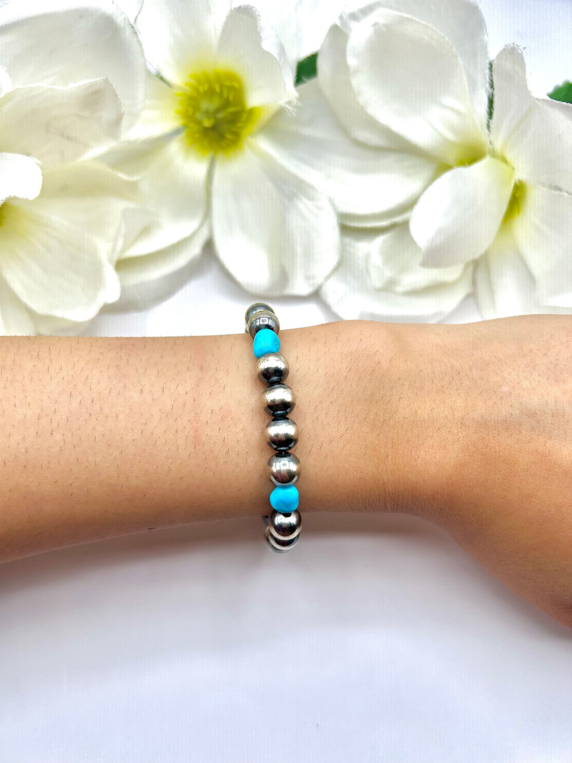 Navajo Made Strung 8 MM Sleeping Beauty Turquoise & Sterling Silver Link Bracelet