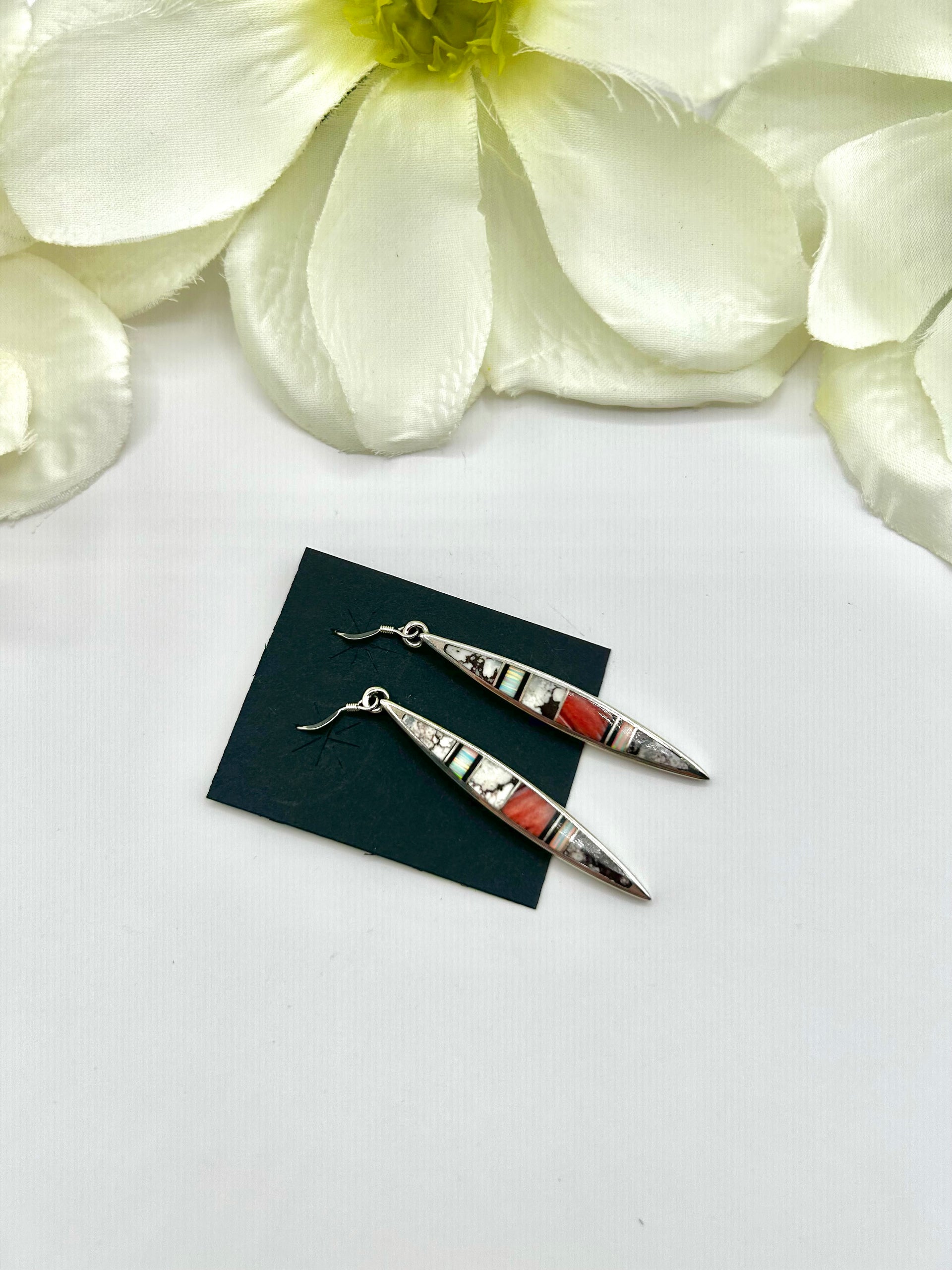 Navajo Made Multi Stone & Sterling Silver Hook Earrings